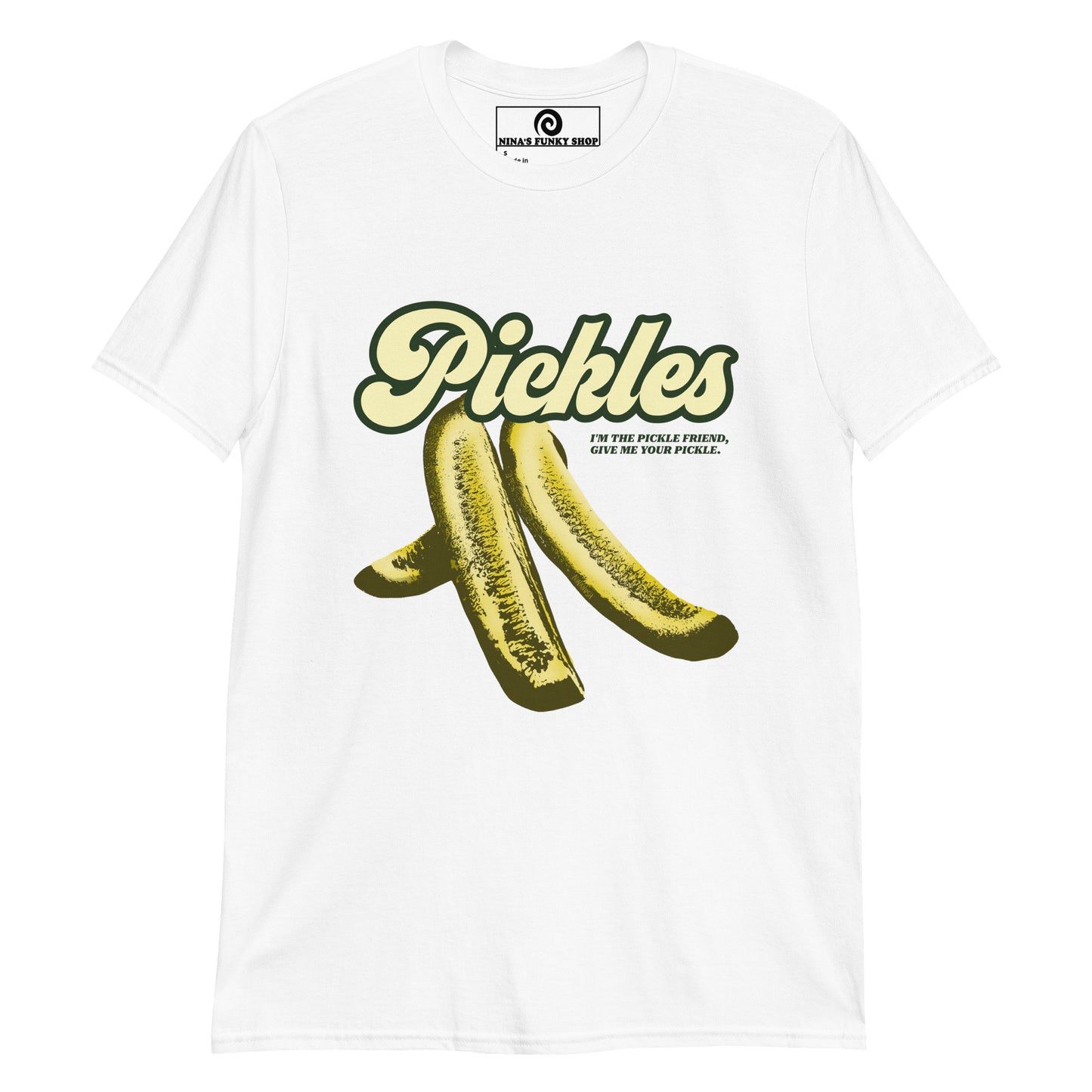 White Pickle Shirt with Green Pickle Design - I'm the pickle friend, give me your pickle - Eat pickles in style with this quirky t-shirt for pickle enthusiasts and foodies. It's a classic cotton t-shirt with a funny quote about pickles printed on the front in pickle green. If you're a passionate pickle aficionado, this funny foodie shirt is just what you need. 