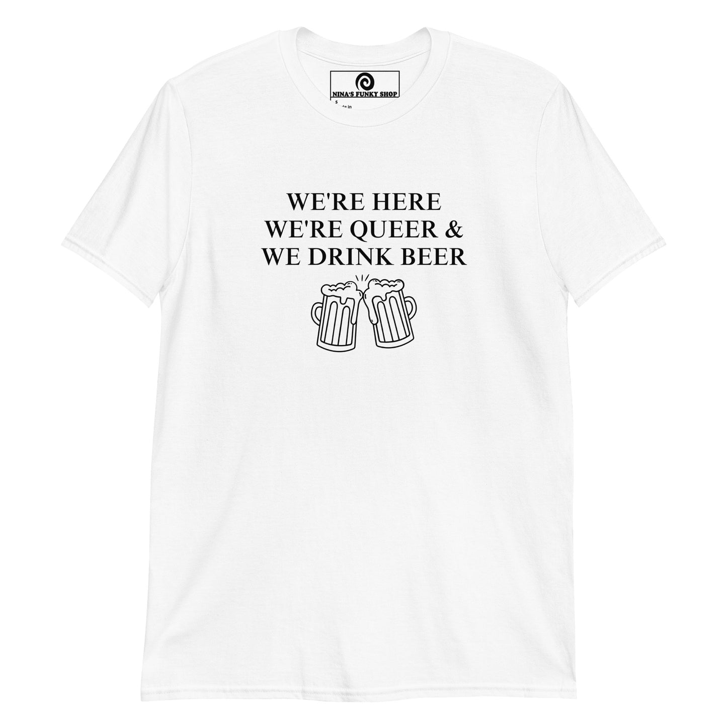 White We're Here We're Queer and We Drink Beer graphic tee - Are you queer and love beer? Looking for the perfect party t-shirt for pride? This t-shirt is soft, comfortable and made just for you. It's a classic cotton tee with a funny lgbtq design, expertly printed on the front. Looking for something personalized? Shoot us an email!