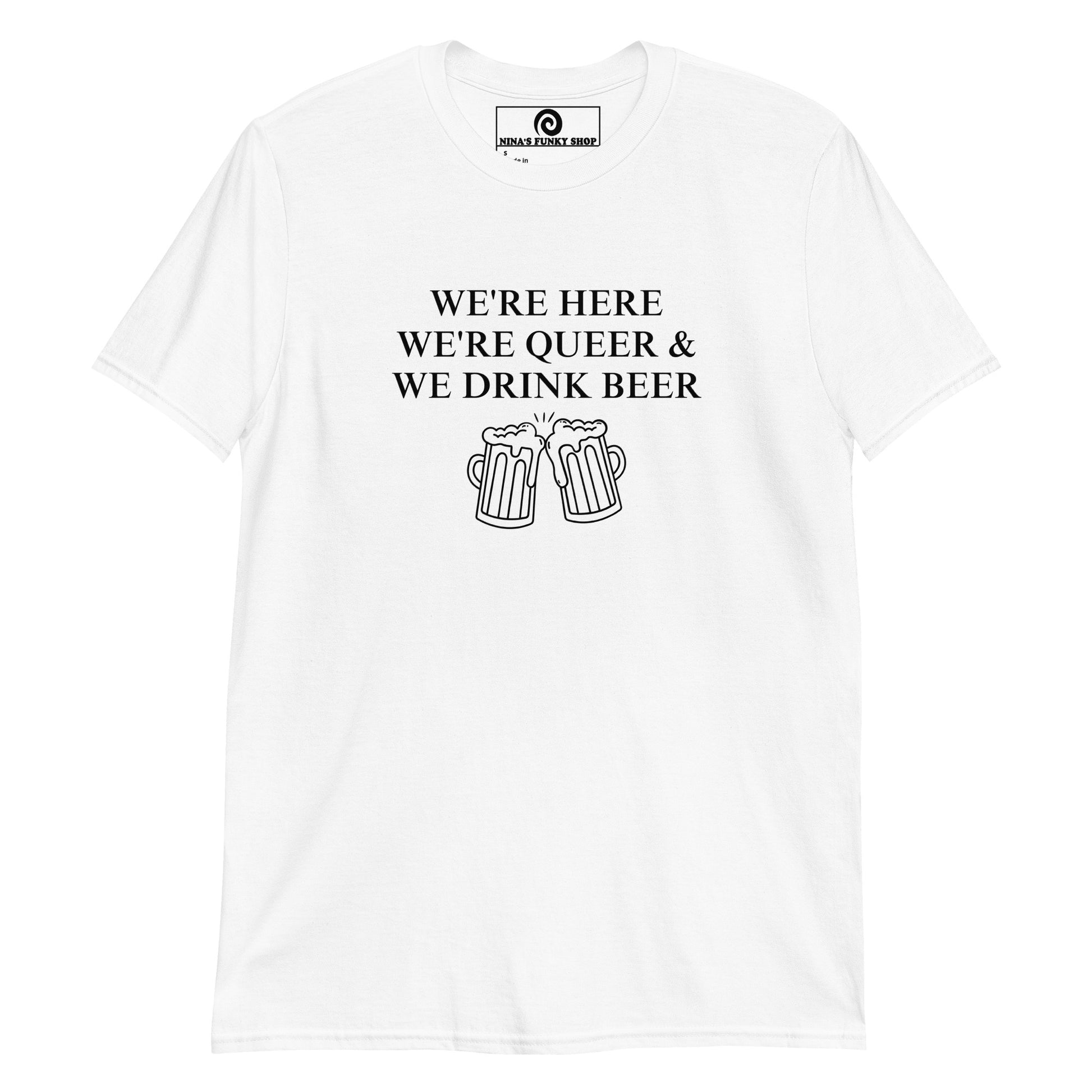 White We're Here We're Queer and We Drink Beer graphic tee - Are you queer and love beer? Looking for the perfect party t-shirt for pride? This t-shirt is soft, comfortable and made just for you. It's a classic cotton tee with a funny lgbtq design, expertly printed on the front. Looking for something personalized? Shoot us an email!