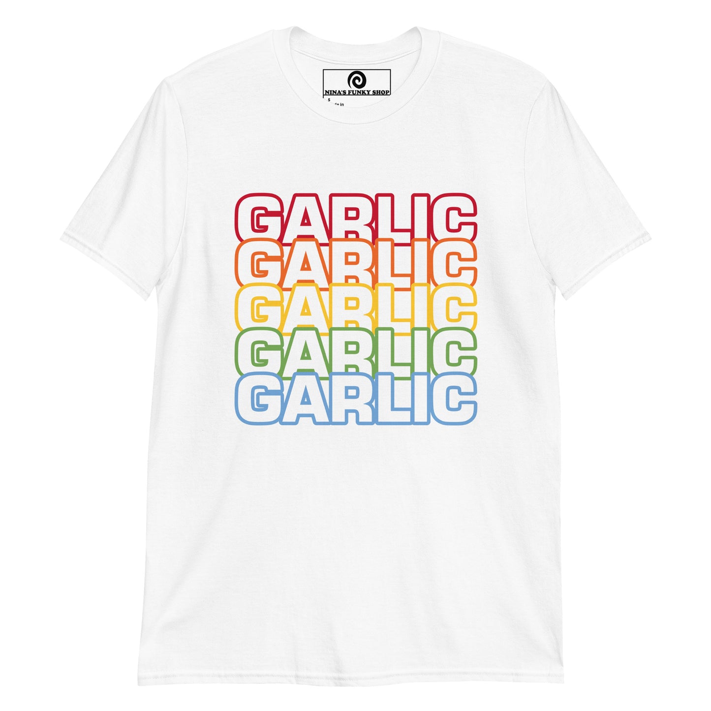 White garlic t-shirt in rainbow colors - A cotton T-Shirt with the word "garlic" printed in bold colors on the front. It's soft, comfortable and made just for you and your favorite garlic enthusiast. This funny food shirt is designed for garlic lovers and makes a unique gift and unusual shirt for foodies of all kinds. Eat garlic in our food lover apparel.