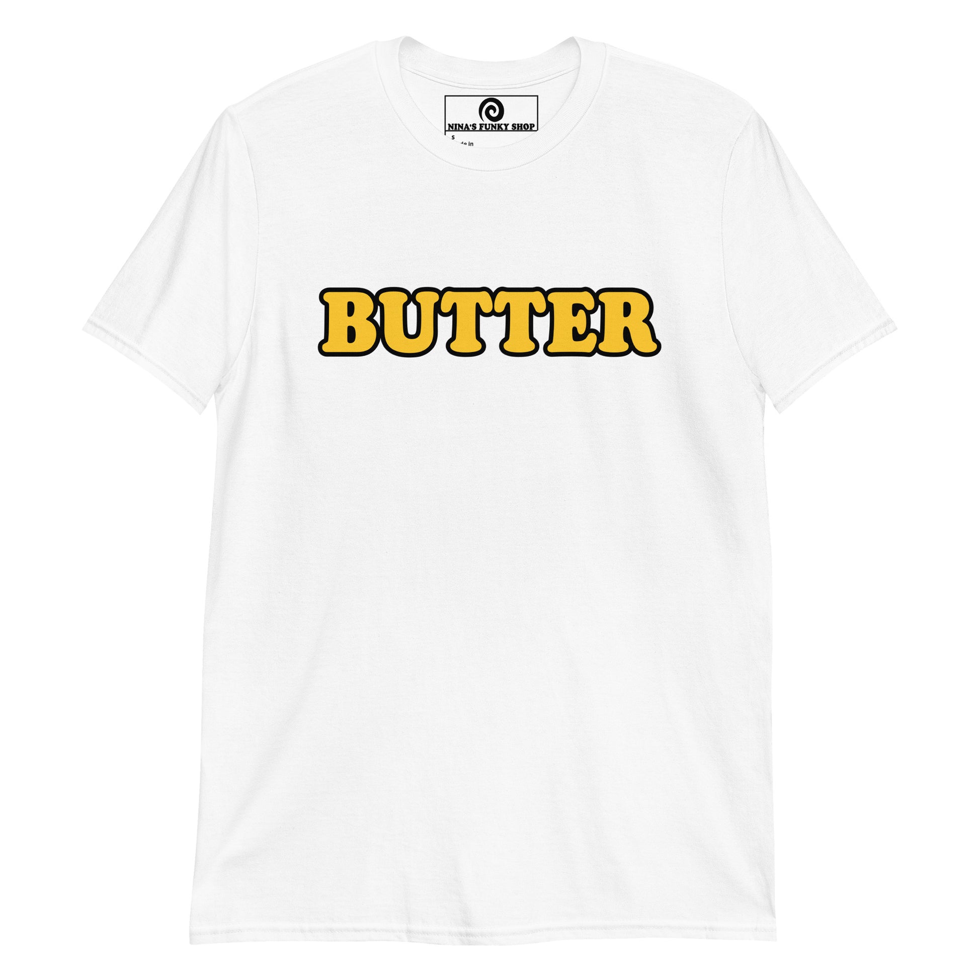 White Butter Shirt - Are you a butter enthusiast? Looking for a gift for a butter lover? This butter t-shirt is just what you need for everyday streetwear. It's a classic cotton shirt with a funny food design, expertly printed on the front. Eat your favorite foods and let your t-shirt do the talking. Looking for something personalized? Shoot us an email!