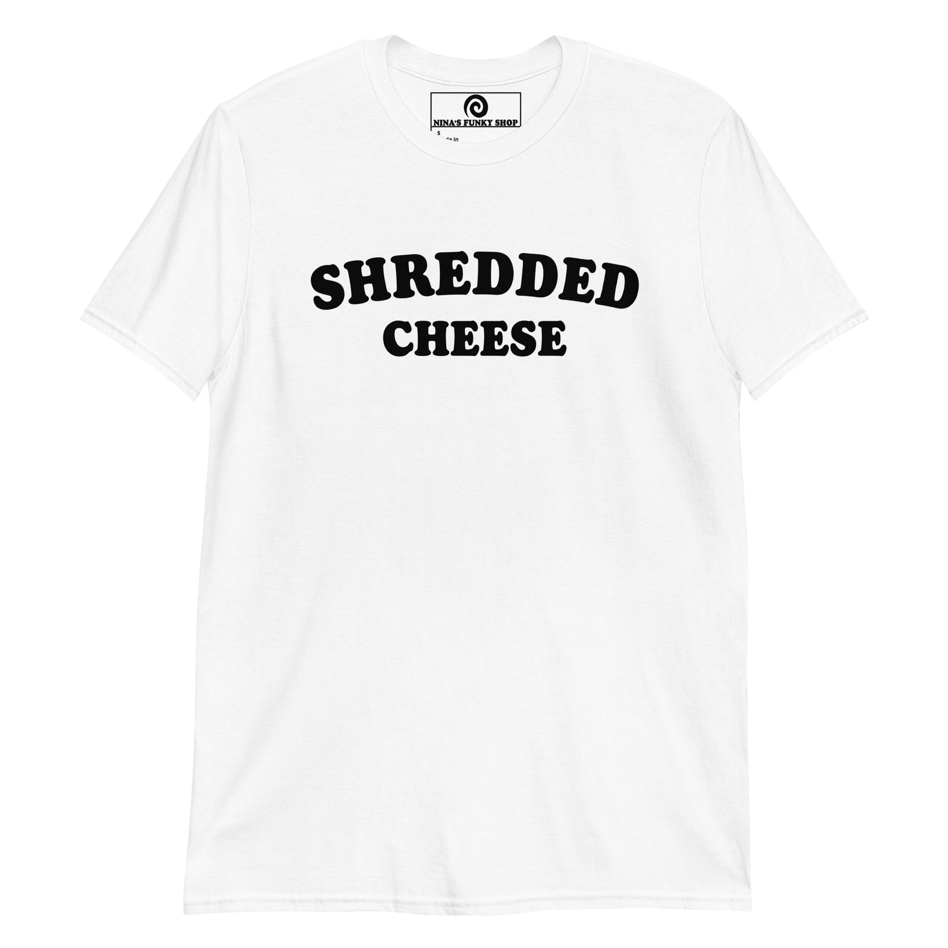 White Shredded Cheese T-Shirt - Love shredded cheese? Looking for a gift for a cheese enthusiast? This funny foodie t-shirt is just what you need. It's a classic cotton varsity style tee with "shredded cheese", expertly printed on the front. Make a statement and eat your favorite shredded cheese from the bag.