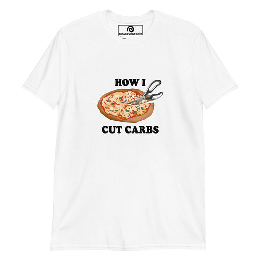 White funny anti-diet shirt - The only way we know how to cut carbs. Our "How I Cut Carbs T-Shirt" is soft, comfortable and just what you need. It's a classic cotton t-shirt with a funny pizza design, expertly embroidered on the front. Make a statement and eat your favorite carbs in this sarcastic anti-diet t-shirt.