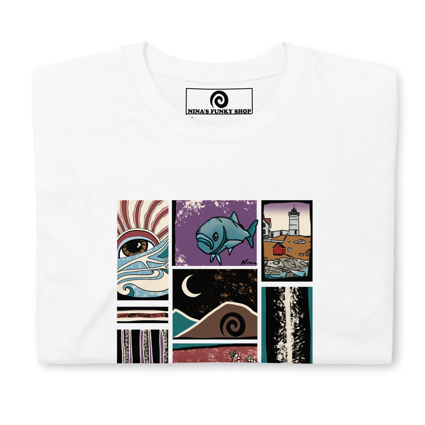 White New England T-Shirt - Our "Somewhere on the East Coast" t-shirt is soft, comfortable and unique. It's a funky graphic tee, inspired by New England, designed by Nina, and made just for you! It features Nubble Lighthouse, A Bluefish, a strange sunrise and more.  Edit alt text