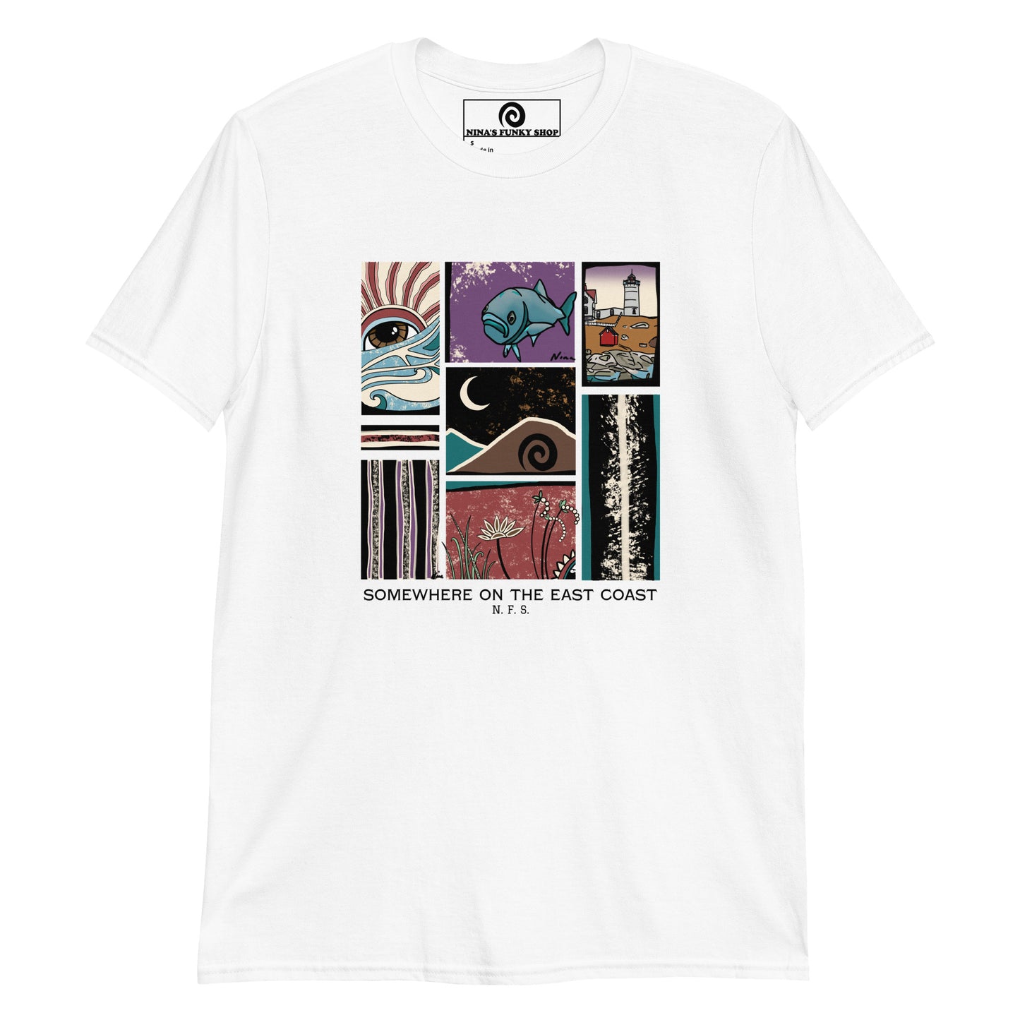 White New England T-Shirt - Our "Somewhere on the East Coast" t-shirt is soft, comfortable and unique. It's a funky graphic tee, inspired by New England, designed by Nina, and made just for you! It features Nubble Lighthouse, A Bluefish, a strange sunrise and more.  Edit alt text