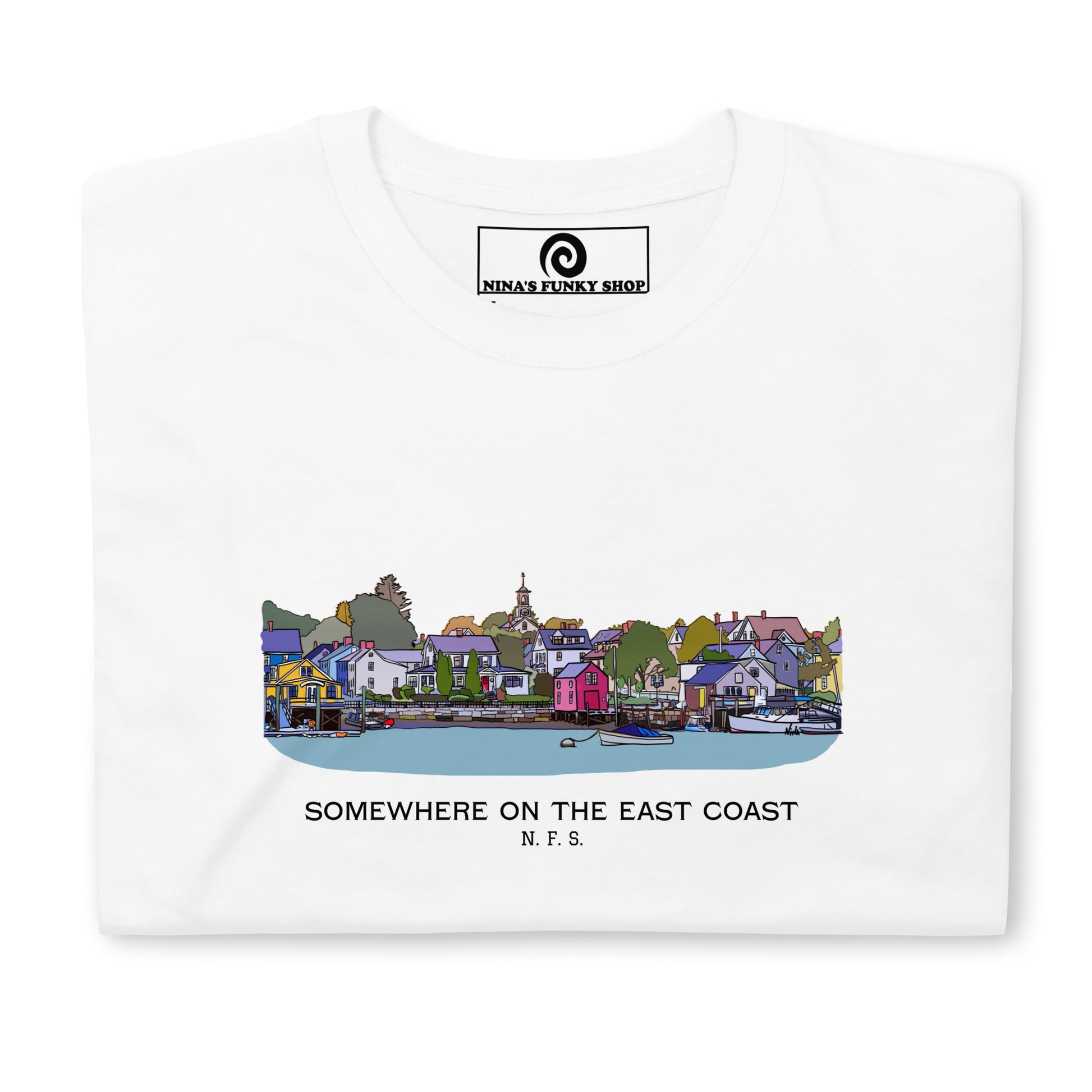 White - This classic cotton t-shirt has a unique design of Portsmouth, New Hampshire on the New England seacoast. It's a soft and comfortable t-shirt, designed by Nina and made just for you.