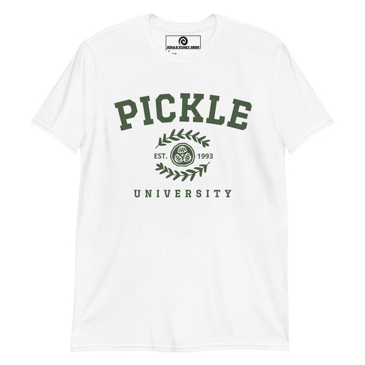 White pickle t-shirt - Love pickles? Looking for a funny gift for a pickle lover? Our Pickle University T-Shirt is soft, comfortable and made just for you. It's a funny pickle shirt that's perfect for pickle enthusiasts, foodies and beyond.