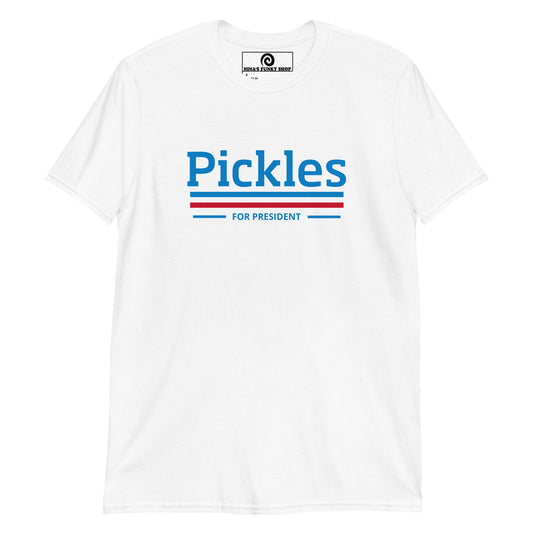 White Pickles For President T-Shirt - Our Pickles For President T-Shirt is soft, comfortable and made just for you! It's a classic cotton t-shirt with a funny election design. Make a statement and vote for Pickles.