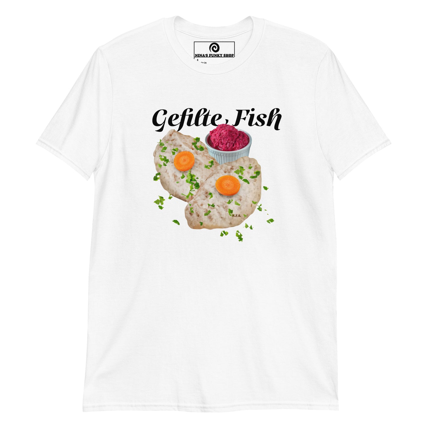 White Gefilte Fish T-Shirt - Our Gefilte Fish T-Shirt is soft, comfortable, and made just for you. It's a classic cotton graphic tee with gefilte fish, expertly printed on the front. A funny food t-shirt for Jews, foodies and Gefilte fish lovers and haters alike.
