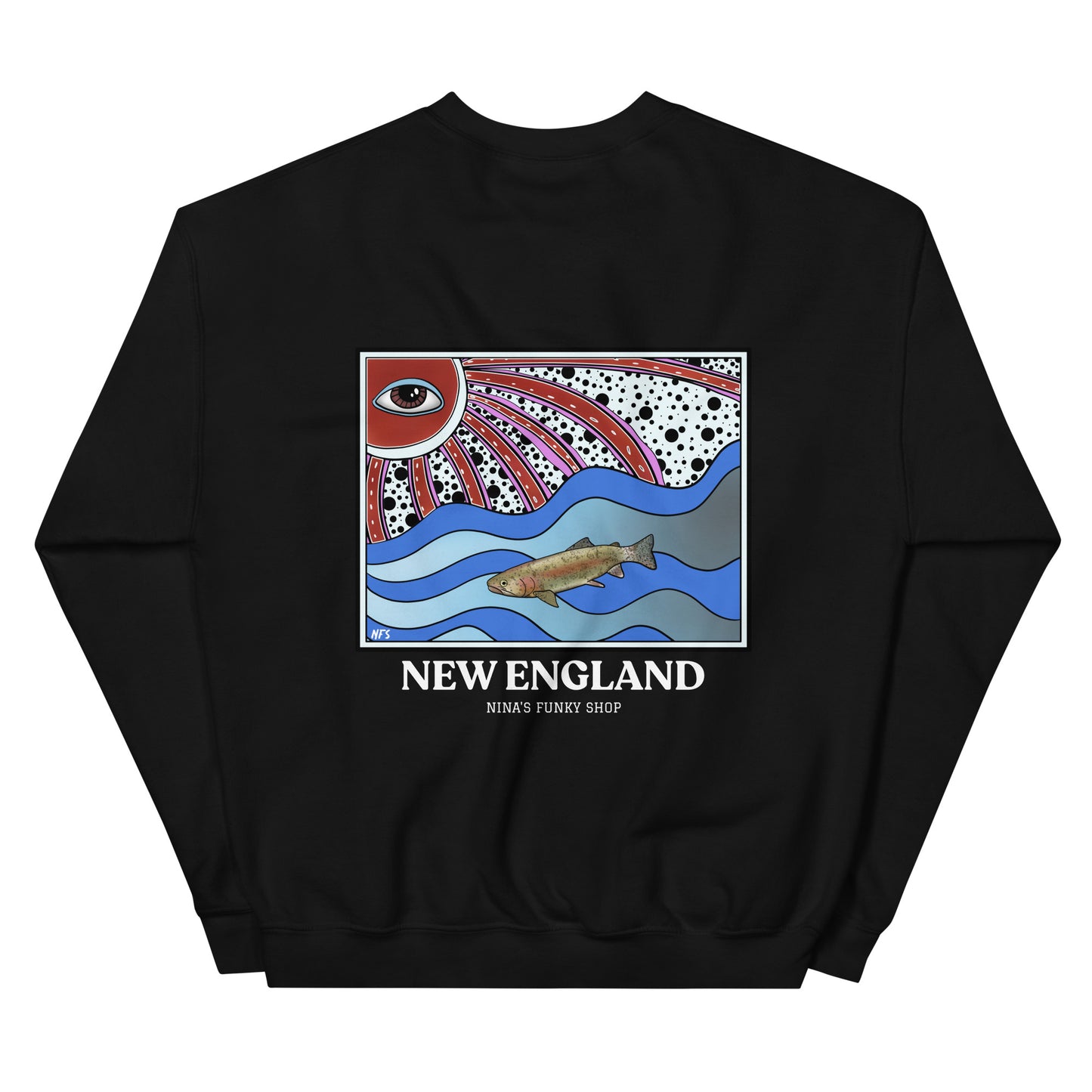 Black New England Rainbow Trout Sweatshirt - This funky rainbow trout crewneck sweatshirt is unique and expertly printed just for you. It's a soft and cozy sweatshirt, perfect for everyday streetwear or a gift for a New Englander.