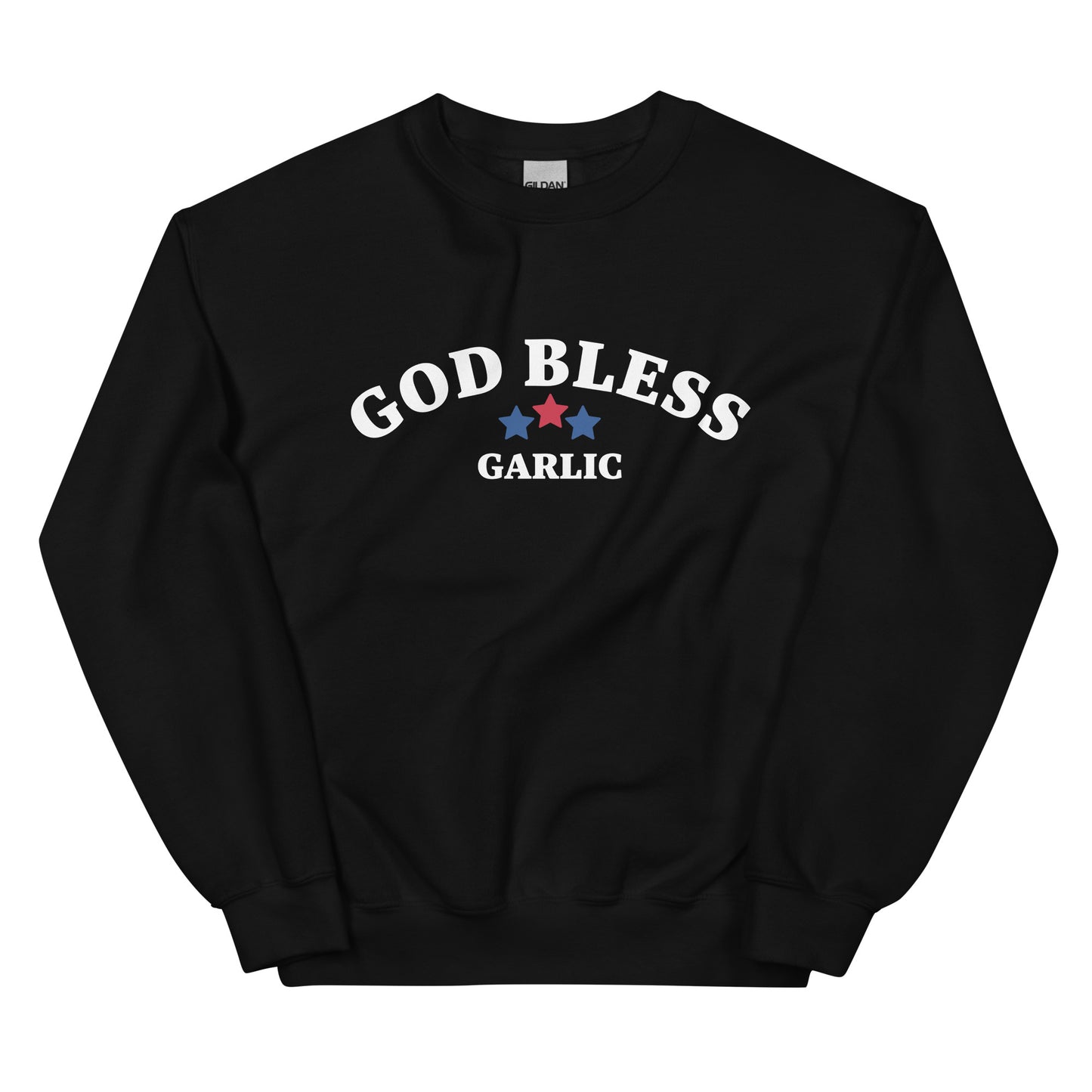 Black with red, white, and blue "God bless garlic" design - This sarcastic foodie sweatshirt is made for garlic enthusiasts! It's a classic crew neck garlic lover sweatshirt with the words "God Bless Garlic" on the front. Designed for food lovers, this funny food sweatshirt is perfect for cozy nights, 4th of July BBQs, or a funny gift for garlic lovers and foodies of all kinds.