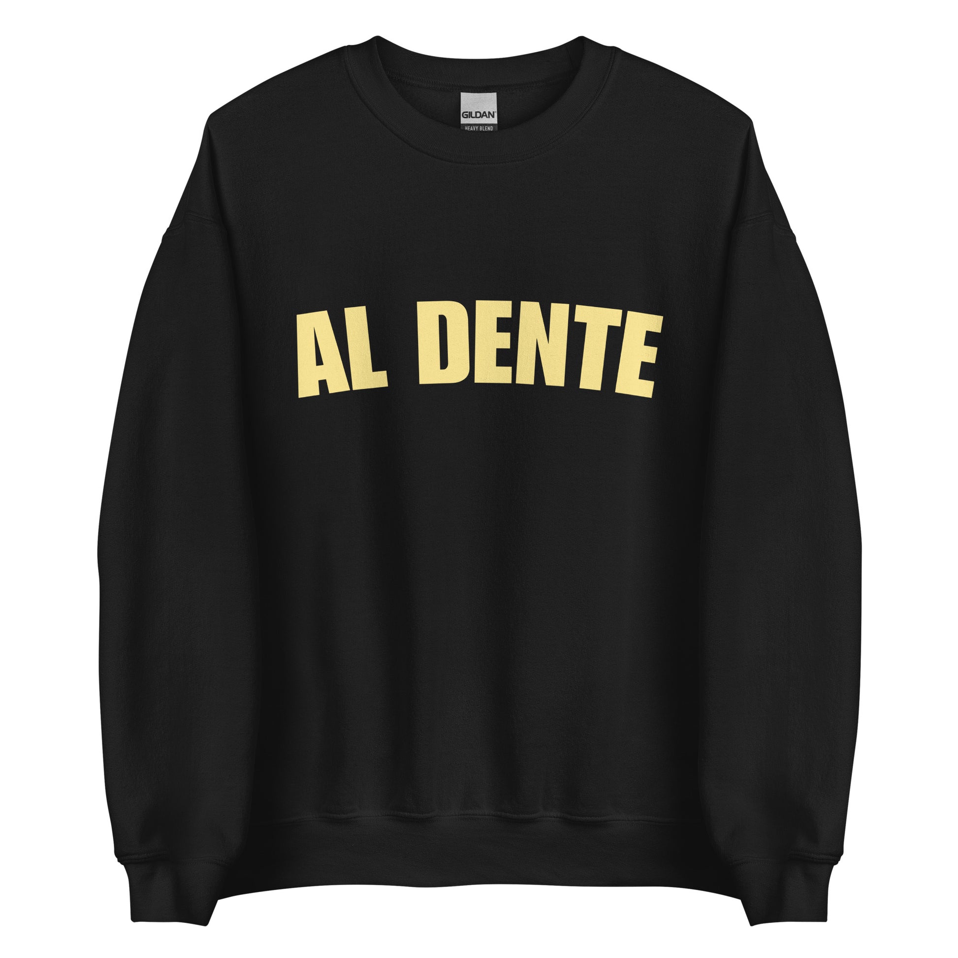 Black Al Dente Sweatshirt from Nina's Funky Shop by ninanush - Our Al Dente Sweatshirt is soft, comfortable and a funny Italian cooking sweatshirt for foodies. It's a unisex, crew neck sweatshirt that comes in a variety of colors with the "Al Dente", expertly printed on the front. Perfect for cozy nights in or stand out streetwear for foodies. An Al Dente sweatshirt, made just for you.