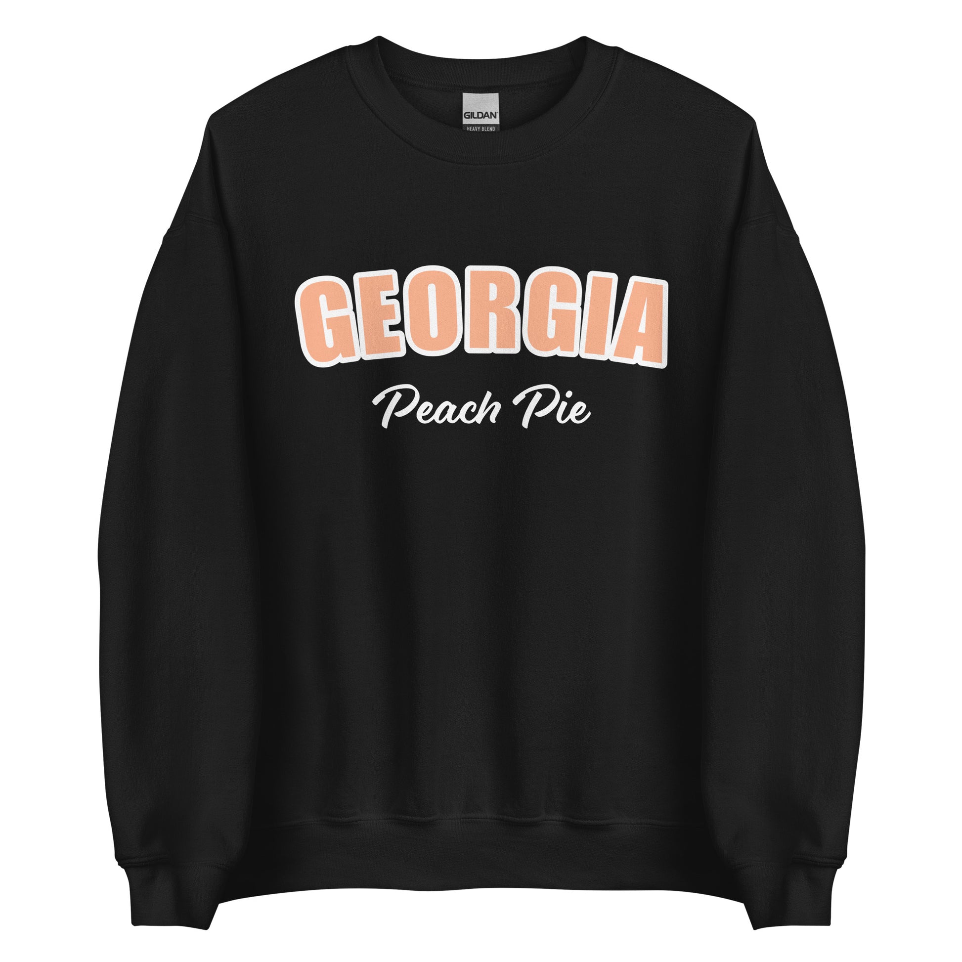 Black Georgia Peach Pie Sweatshirt from Nina's Funky Shop by ninanush - Do you love peach pie? Our Georgia Peach Pie Sweatshirt is just what you need. It's a funny foodie sweatshirt for peach pie lovers like you. This unisex, crew neck sweatshirt comes in a variety of colors with the words "Georgia Peach Pie", expertly printed on the front. The perfect Sweatshirt for peach pie enthusiasts.