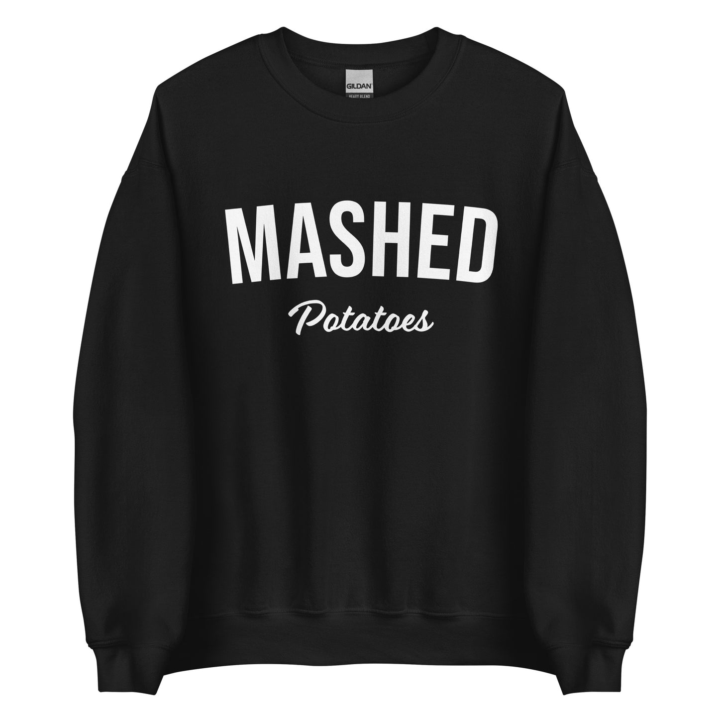 Black Mashed Potatoes Sweatshirt from Nina's Funky Shop by ninanush - Do you love mashed potatoes? Looking for a fun potato lover gift? Our Mashed Potatoes Sweatshirt is just what you need. It's a unisex, varsity crew neck sweatshirt that comes in a variety of colors with "Mashed Potatoes" on the front. This mashed potato enthusiast sweatshirt is perfect funky streetwear for foodies.