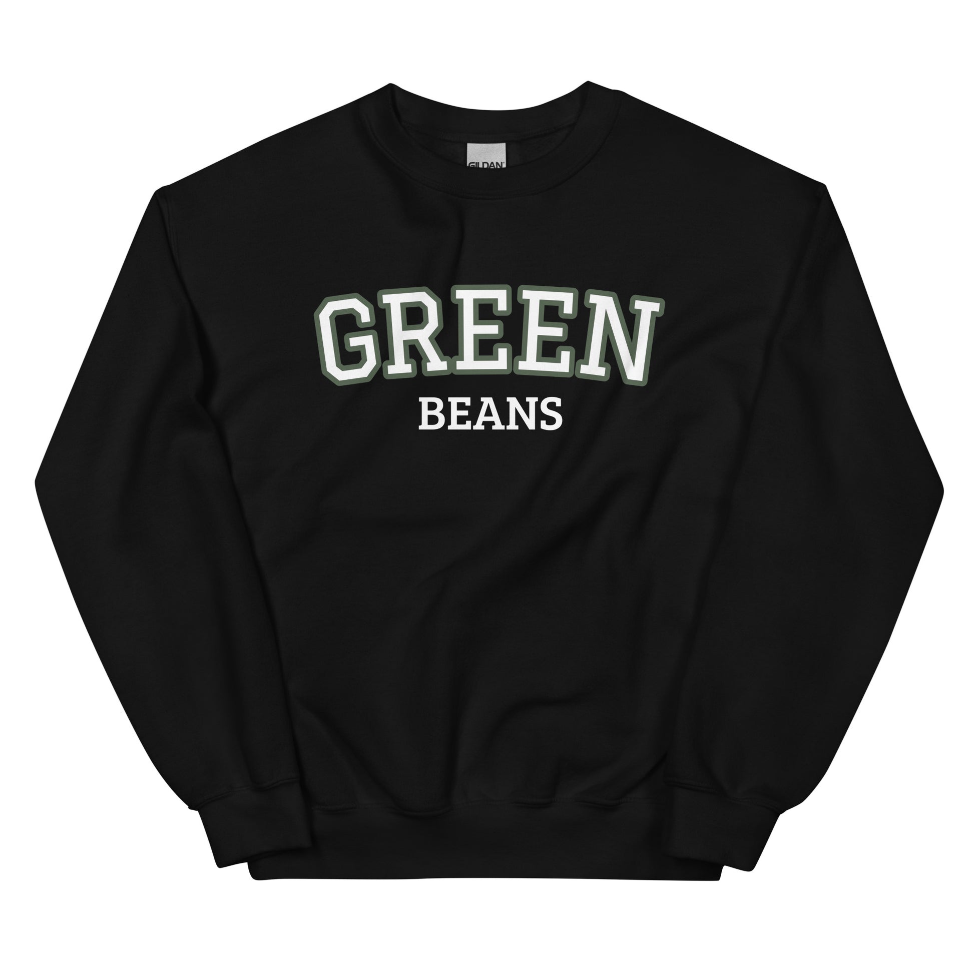 Black Green Beans Sweatshirt from Nina's Funky Shop by ninanush - Love green beans? Looking for a funny food gift? Our Green Beans Sweatshirt is just what you need. It's a unisex, varsity crew neck sweatshirt with "Green Beans" on the front. A perfect funny foodie sweatshirt for cozy nights in or funky streetwear, this veggie enthusiast sweatshirt is designed by Nina, just for you.