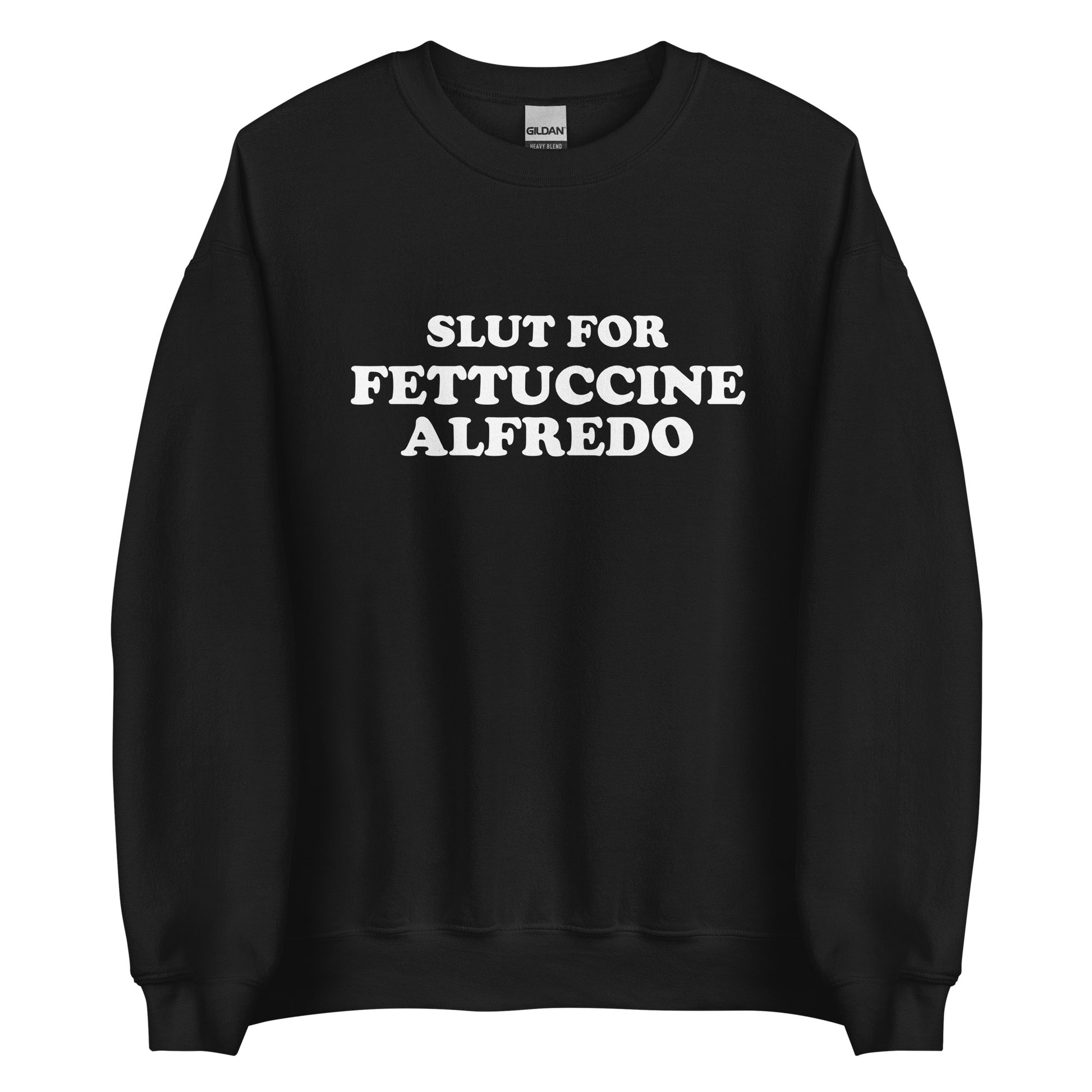 Black Slut for Fettuccine Alfredo Sweatshirt from Nina's Funky Shop by ninanush - Do you love fettuccine Alfredo? Looking for a funny gift for a friend? Our Slut For Fettuccine Alfredo Crew Neck Sweatshirt is soft, comfortable and just what you need. A perfect funny foodie sweatshirt for cozy nights in or stand out fettuccine lover streetwear, this pasta enthusiast sweatshirt is bold and made just for you. 