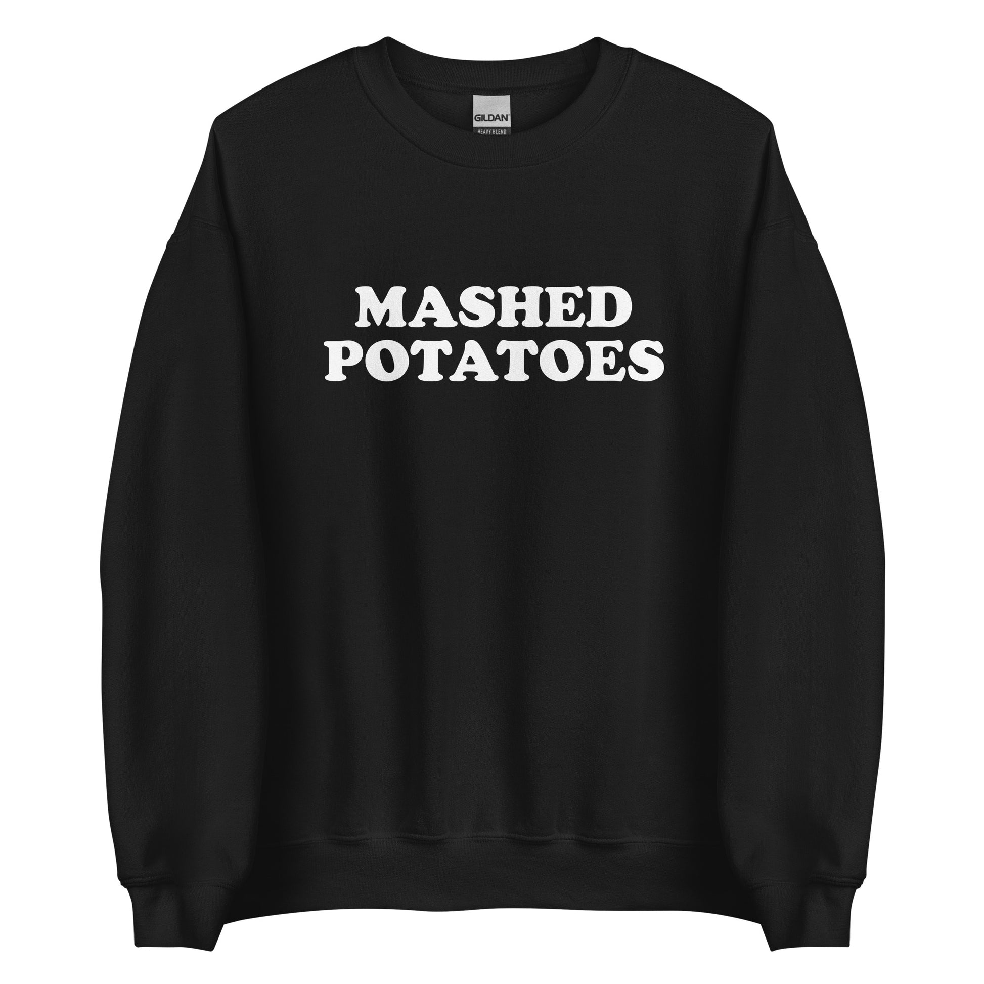 Black Mashed Potatoes Sweatshirt from Nina's Funky Shop by ninanush - Do you love mashed potatoes? Looking for a funny gift? Our Mashed Potatoes Crew Neck Sweatshirt is soft, comfortable and just what you need. It's a unisex foodie sweatshirt that comes in a variety of colors with "Mashed Potatoes", expertly printed on the front. A perfect funny foodie sweatshirt for cozy nights in or stand out potato lover streetwear, this mashed potato enthusiast sweatshirt is bold and made just for you. 