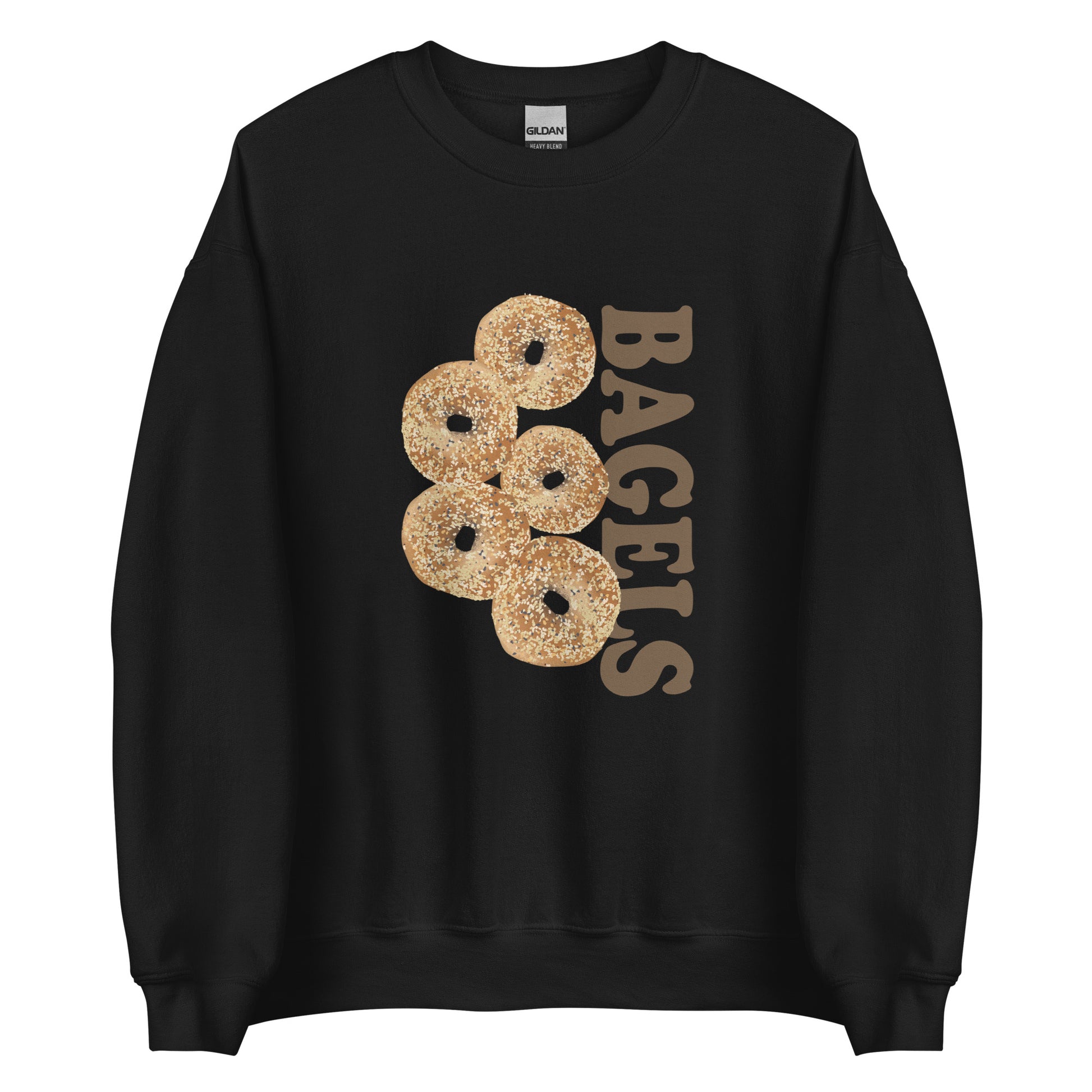 Black Everything Bagels Sweatshirt from Nina's Funky Shop by ninanush - Do you love bagels? Looking for a funny gift? Our Bagels Crew Neck Sweatshirt is soft, comfortable and just what you need. It's a unisex foodie sweatshirt that comes in a variety of colors with everything bagels, expertly printed on the front. A funny foodie sweatshirt for cozy nights in or statement bagel lover streetwear.