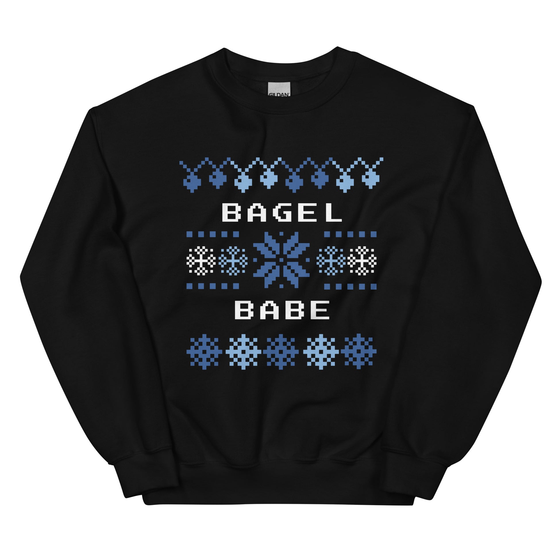 Black Hanukkah Sweatshirt from Nina's Funky Shop by ninanush - Do you love bagels? Looking for a funny gift? Our Bagel Babe Crew Neck Sweatshirt is soft, comfortable and just what you need. It's a unisex bagel lover sweatshirt with a blue and white holiday design, expertly printed on the front. A funny foodie sweatshirt for cozy nights in or a stand out holiday party sweatshirt. 