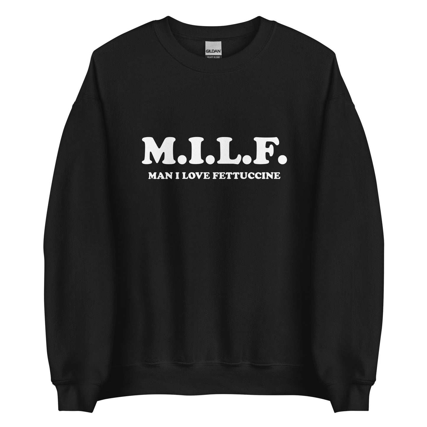 Black M.I.L.F. Man I Love Fettuccine Sweatshirt from Nina's Funky Shop by ninanush  -Do you love fettuccine? Looking for a funny foodie gift? Our M.I.L.F. Crew Neck Sweatshirt is just what you need. It's a unisex M.I.L.F. sweatshirt with "M.I.L.F. Man I Love Fettuccine", expertly printed on the front. A funny sweatshirt for cozy nights in or a statement pasta lover gift for your favorite foodie.