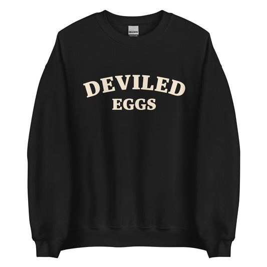 Black Deviled Eggs Sweatshirt from Nina's Funky Shop by ninanush - Love Deviled eggs? Looking for a funny foodie gift? A funny college style deviled egg sweatshirt for foodies and beyond. It's a soft and comfortable crew neck sweatshirt with a unique and funny food design. A perfect sweatshirt for deviled egg lovers and quirky gift for foodies. Eat deviled eggs and make a statement. It's funny, weird and sure to turn heads.