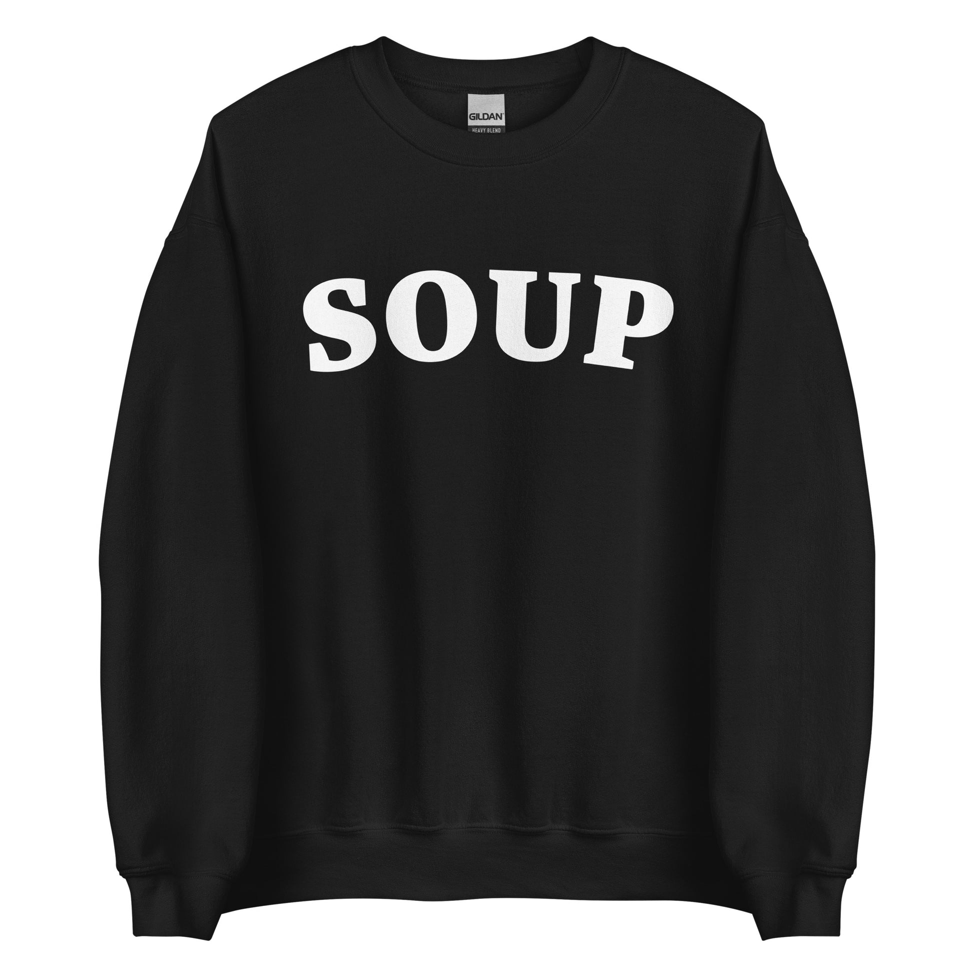 Black Soup Crewneck Sweatshirt from Nina's Funky Shop by ninanush - Do you love soup? Looking for a funny gift? Our Soup Crewneck Sweatshirt is soft, comfortable and just what you need. It's a unisex foodie sweatshirt that comes in a variety of colors with "Soup", expertly printed in bold letters on the front. Eat your favorite soup in this funny varsity style sweatshirt. It's designed by Nina and made just for you.