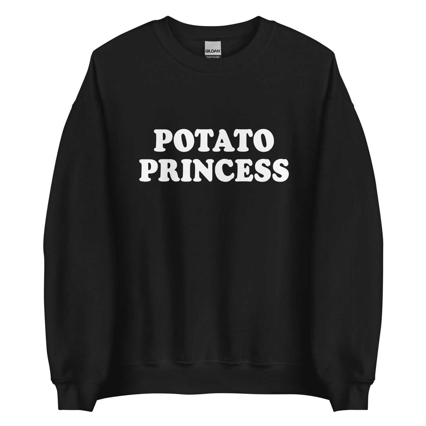 Black potato princess crewneck sweatshirt from Nina's Funky Shop by ninanush - Do you love potatoes? Looking for a funny gift for a friend? Our Potato Crewneck Sweatshirt is just what you need. It's a unisex potato sweatshirt with "Potato Princess" on the front. A funny foodie sweatshirt for cozy nights in or stand out potato lover streetwear. This potato enthusiast sweatshirt is bold and made just for you.