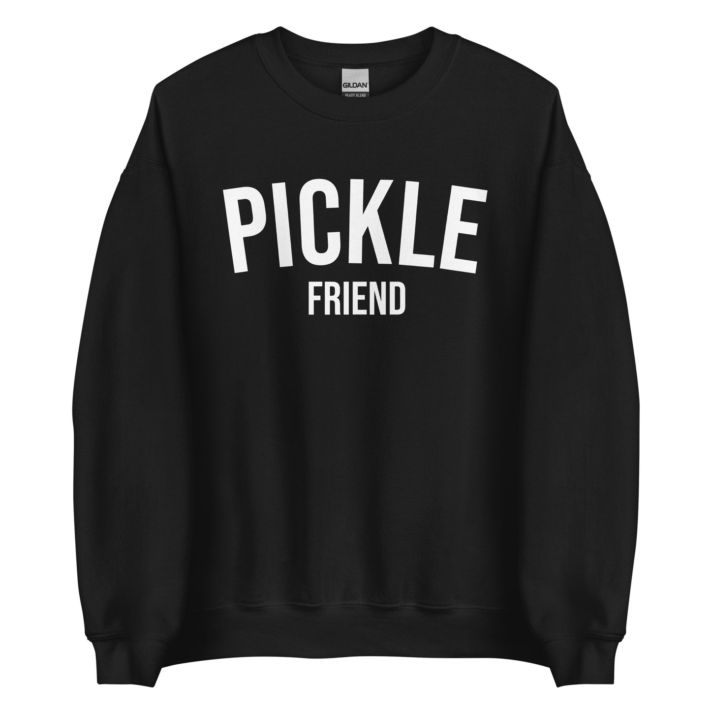 Black Pickle Friend Sweatshirt from Nina's Funky Shop by ninanush - Love pickles? Looking for a funny pickle gift? Our Pickle Friend Crewneck Sweatshirt is just what you need. It's a unisex pickle sweatshirt with "Pickle Friend" on the front. A funny foodie sweatshirt or quirky streetwear for pickle lovers. This varsity style pickle sweatshirt is designed by Nina and made just for you.