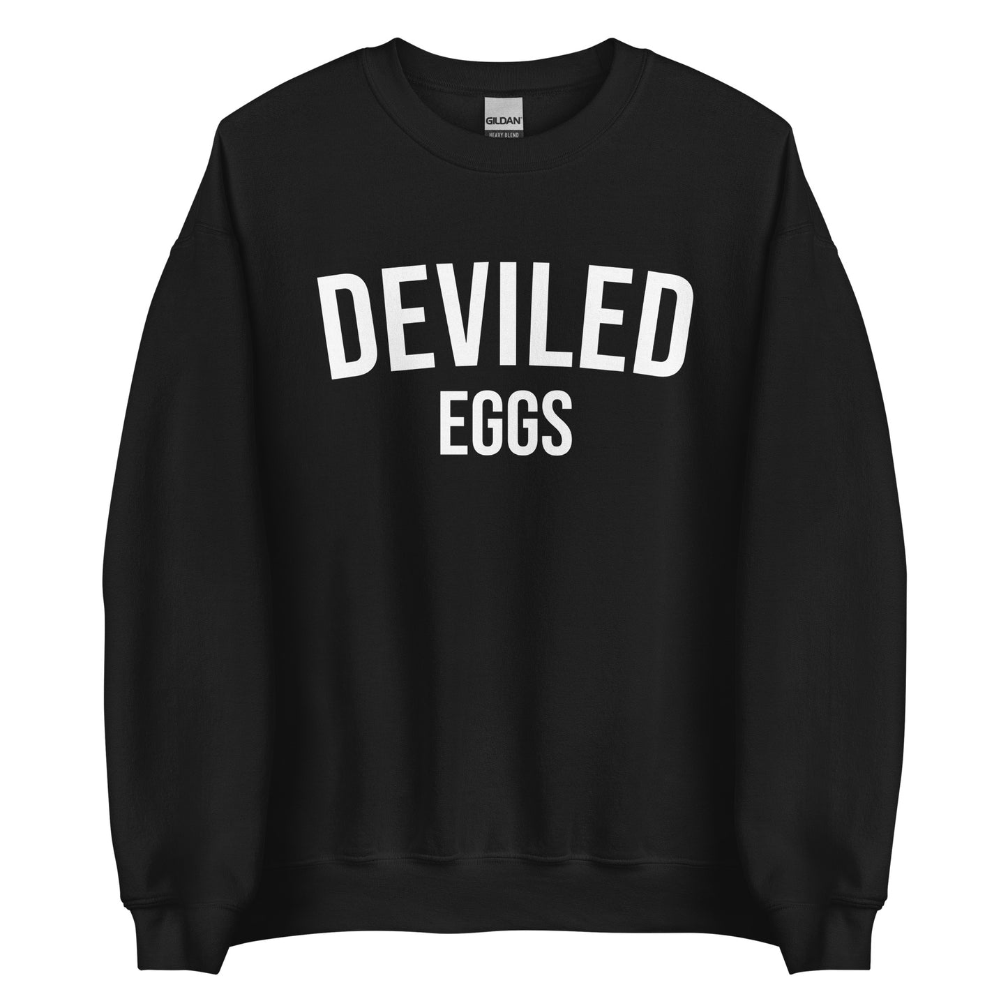 Black Deviled Eggs Sweatshirt from Nina's Funky Shop by ninanush - Do you love deviled eggs? Looking for a funny gift for a friend? Our Deviled Eggs Crewneck Sweatshirt is just what you need. It's a unisex weird foodie sweatshirt with "deviled eggs" on the front. A funny foodie sweatshirt for deviled egg lovers. This funny varsity style sweatshirt is designed by Nina.