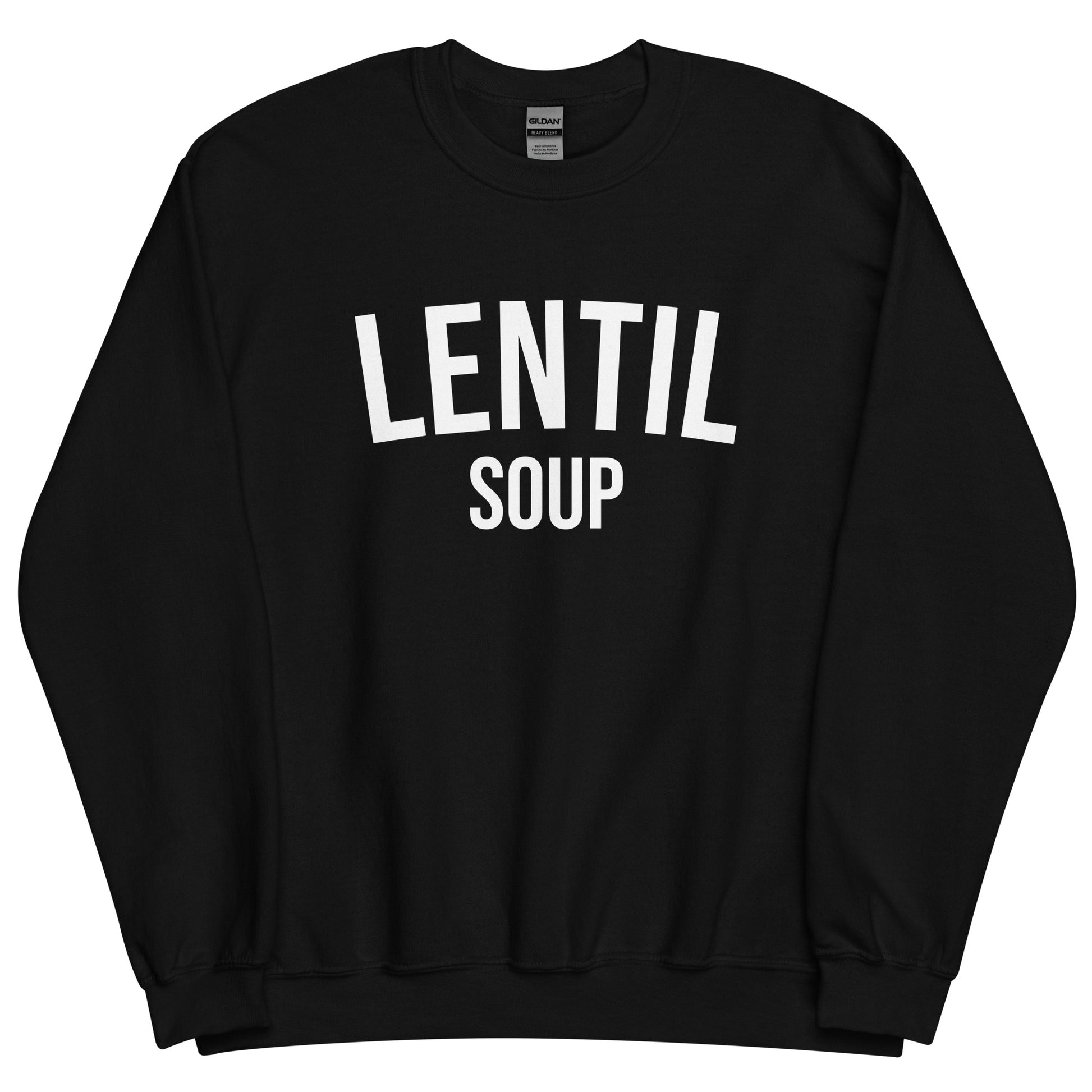 Black Lentil Soup Sweatshirt from Nina's Funky Shop by ninanush - Do you love lentil soup? Looking for a funny gift? Our Lentil Soup Crewneck Sweatshirt is just what you need. It's a unisex soup lover sweatshirt with "lentil soup" on the front. A funny foodie sweatshirt for soup enthusiasts and a quirky sweatshirt foodies of all kinds. This varsity style sweatshirt is designed by Nina and made just for you.