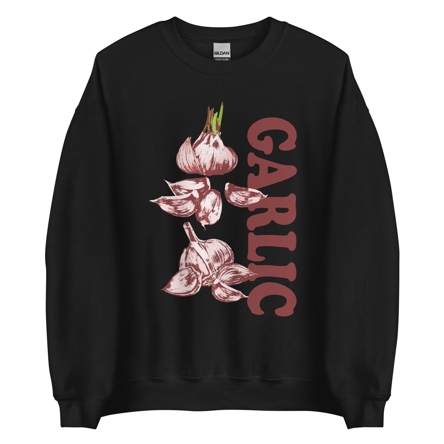 Black Garlic Sweatshirt from Nina's Funky Shop by ninanush - Love garlic? Looking for a funky gift for garlic lovers? Our Garlic Crewneck Sweatshirt is soft, comfortable and just what you need. It's a unisex sweatshirt with a unique, hand drawn garlic design expertly printed on the front. A funny foodie sweatshirt for cozy nights in or stand out streetwear for garlic enthusiasts.