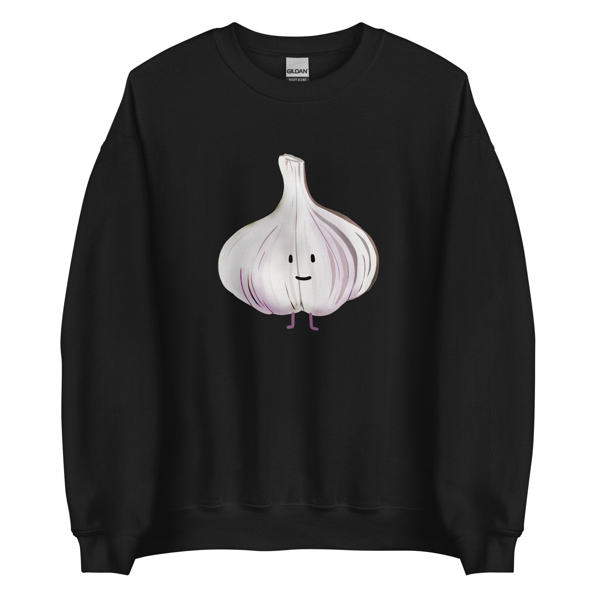 Black Cute Garlic Sweatshirt from Nina's Funky Shop by ninanush - Love garlic? Looking for a funky gift for a garlic lover? Our Cute Garlic Crewneck Sweatshirt is soft, comfortable and just what you need. It's a unisex sweatshirt with a unique, hand drawn garlic design, expertly printed on the front. Perfect for cozy nights in or stand out streetwear for garlic enthusiasts.