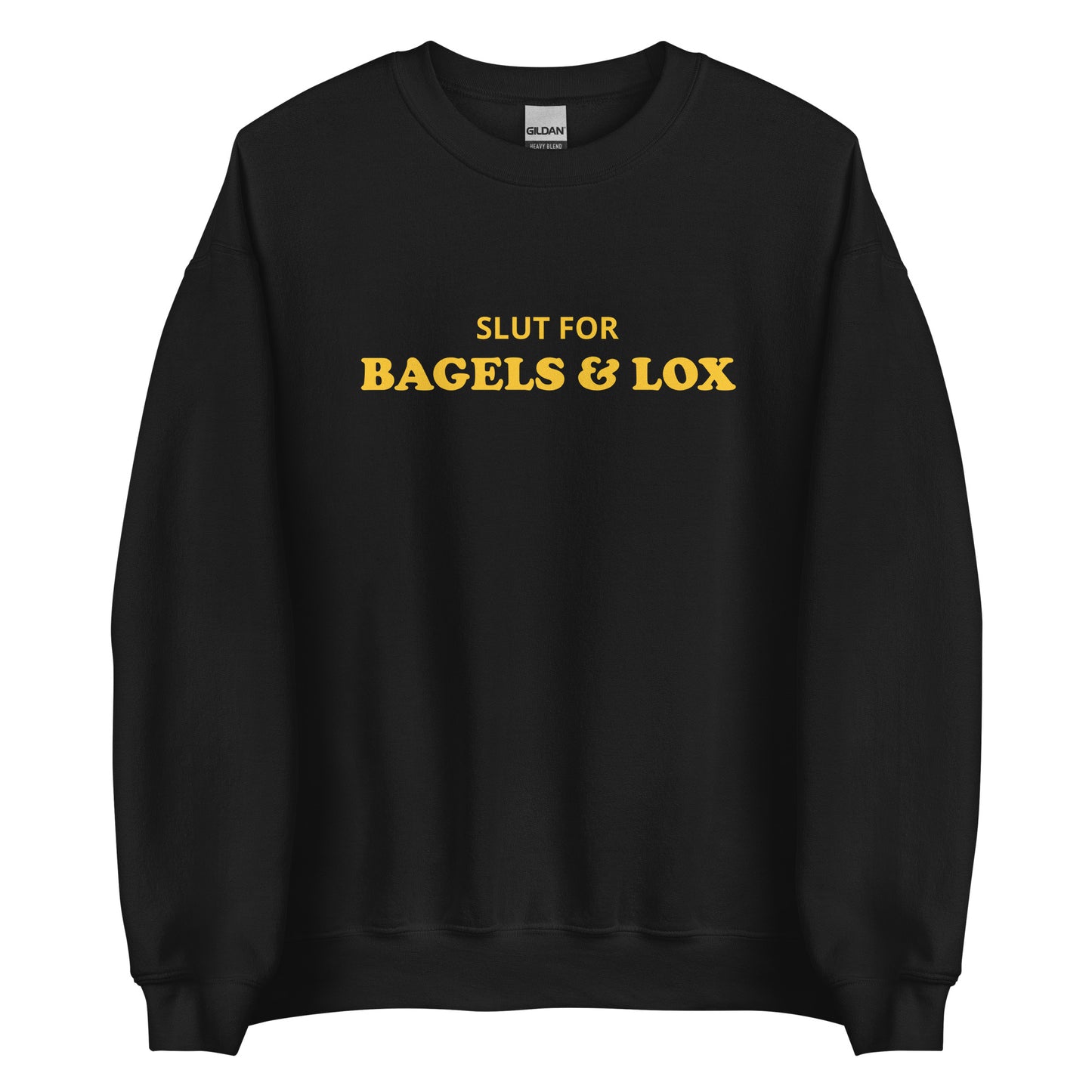 Black Bagels and Lox Sweatshirt from Nina's Funky Shop - Love bagels and lox? Looking for a funny gift for a bagel lover? Our Slut For Bagels & Lox Crewneck Sweatshirt is soft, comfortable and just what you need. It's a unisex sweatshirt that comes in a variety of colors with "Slut For Bagels & Lox", expertly printed on the front. The perfect funny bagel sweatshirt for everyday foodies.