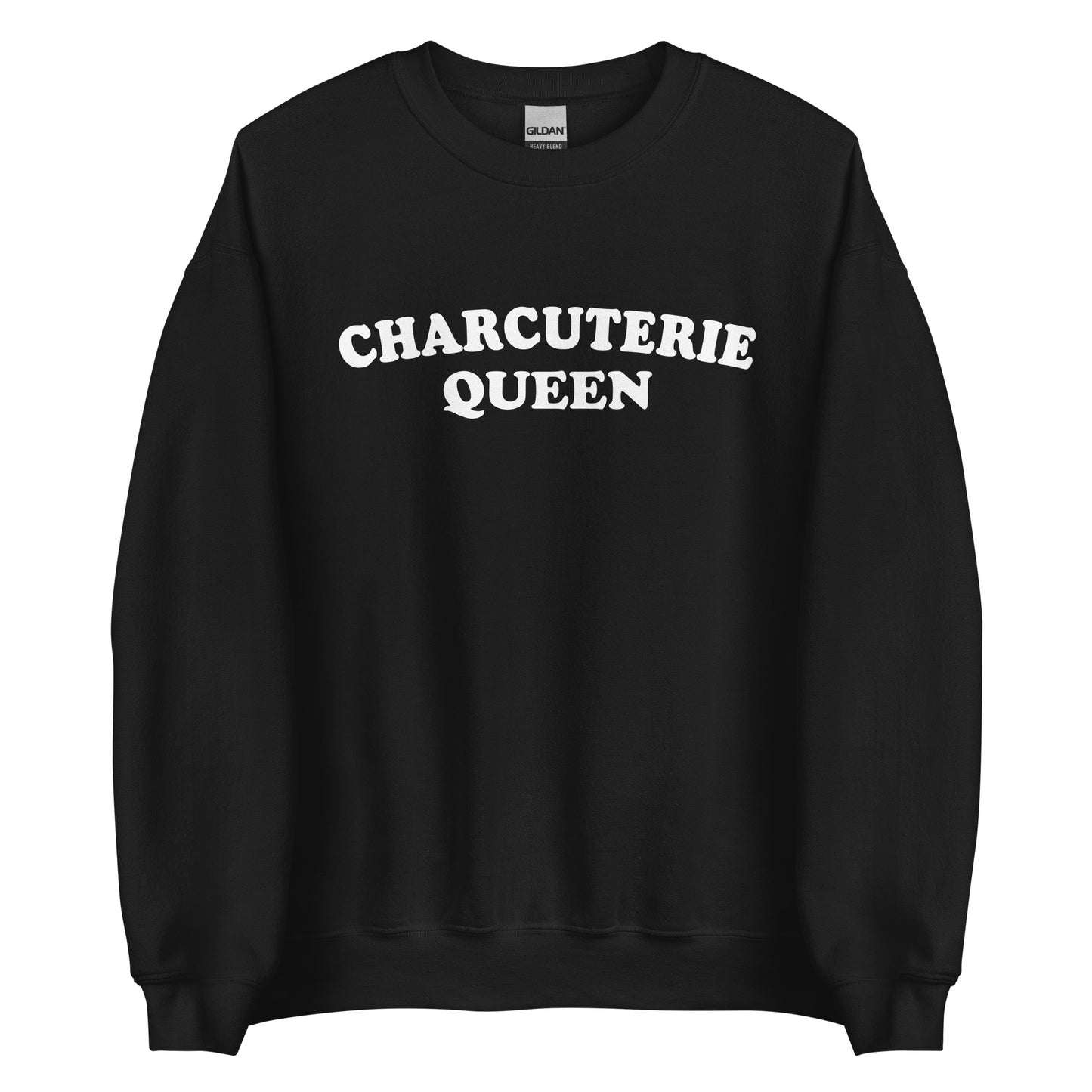 Black Charcuterie Queen Crewneck Sweatshirt from Nina's Funky Shop - Love charcuterie? Looking for a funny gift for a charcuterie enthusiast? Our Charcuterie Queen Crewneck Sweatshirt is just what you need. It's a unisex sweatshirt that comes in a variety of colors with "Charcuterie Queen", expertly printed on the front. The perfect funny college style sweatshirt for charcuterie lovers.