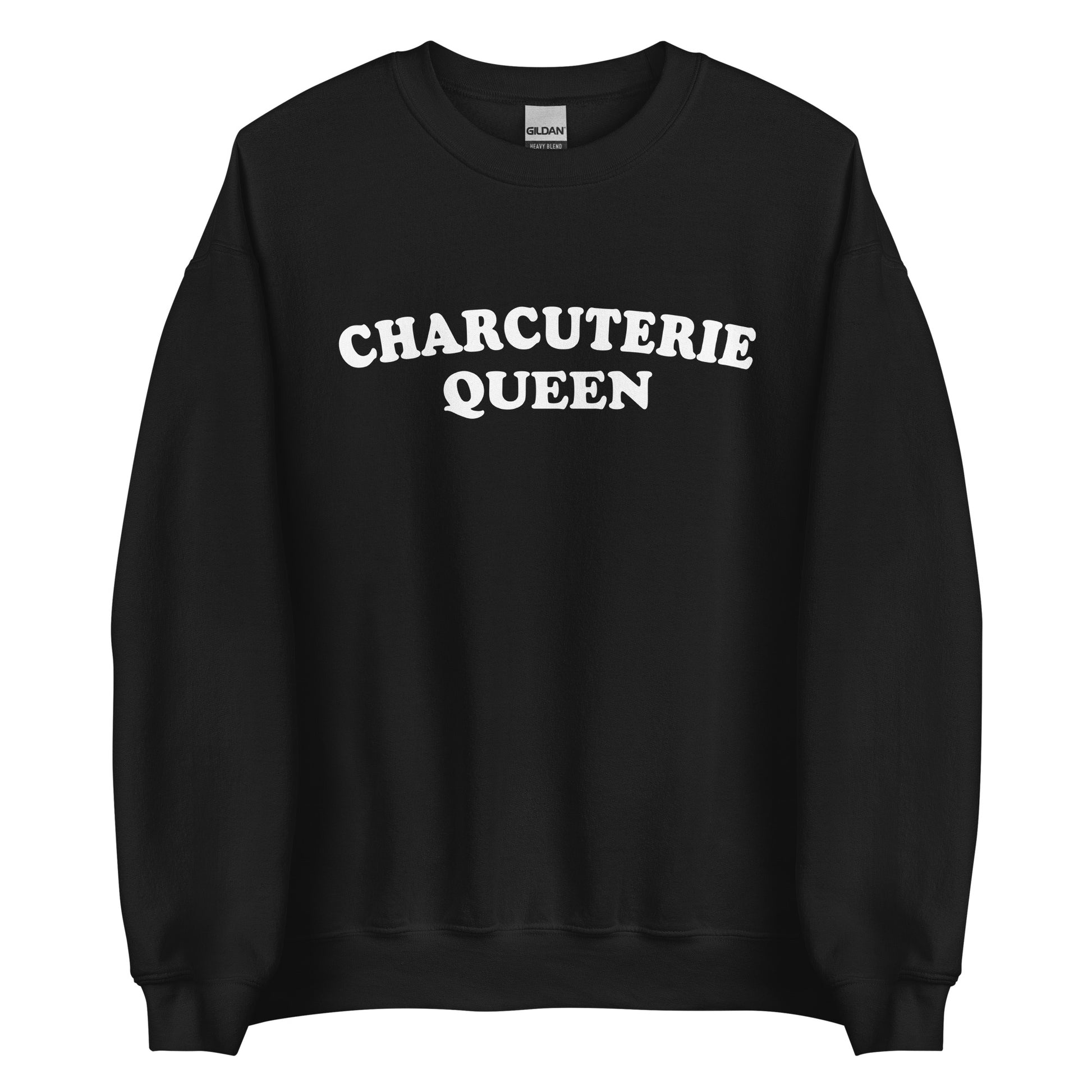 Black Charcuterie Queen Crewneck Sweatshirt from Nina's Funky Shop - Love charcuterie? Looking for a funny gift for a charcuterie enthusiast? Our Charcuterie Queen Crewneck Sweatshirt is just what you need. It's a unisex sweatshirt that comes in a variety of colors with "Charcuterie Queen", expertly printed on the front. The perfect funny college style sweatshirt for charcuterie lovers.