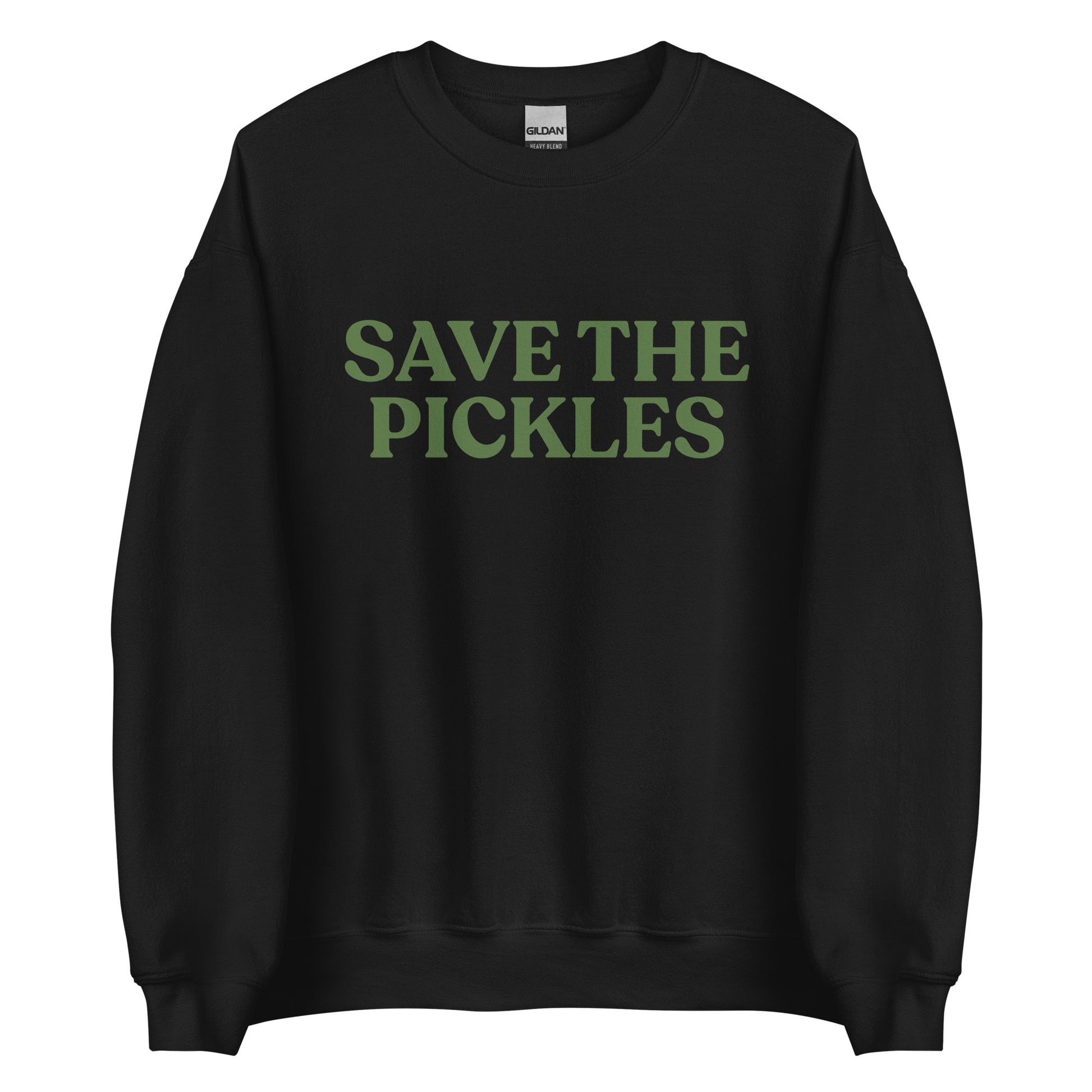 Black Save The Pickles Sweatshirt - Love pickles? Looking for a gift for a pickle lover? Our Save The Pickles Crewneck Sweatshirt might be just what you need! It's a soft and cozy sweatshirt with a pickle design, made just for you.