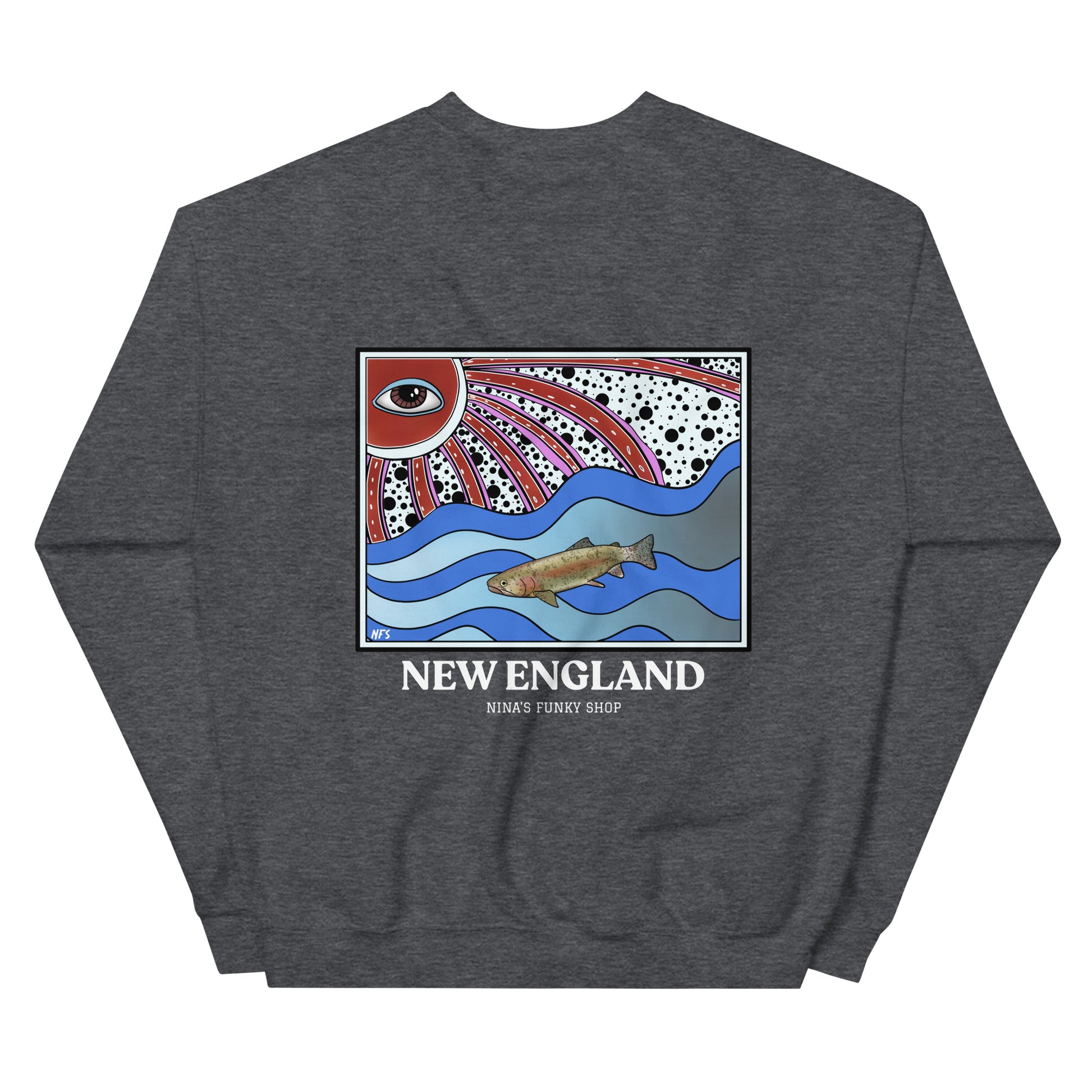 Dark Gray New England Rainbow Trout Sweatshirt - This funky rainbow trout crewneck sweatshirt is unique and expertly printed just for you. It's a soft and cozy sweatshirt, perfect for everyday streetwear or a gift for a New Englander.