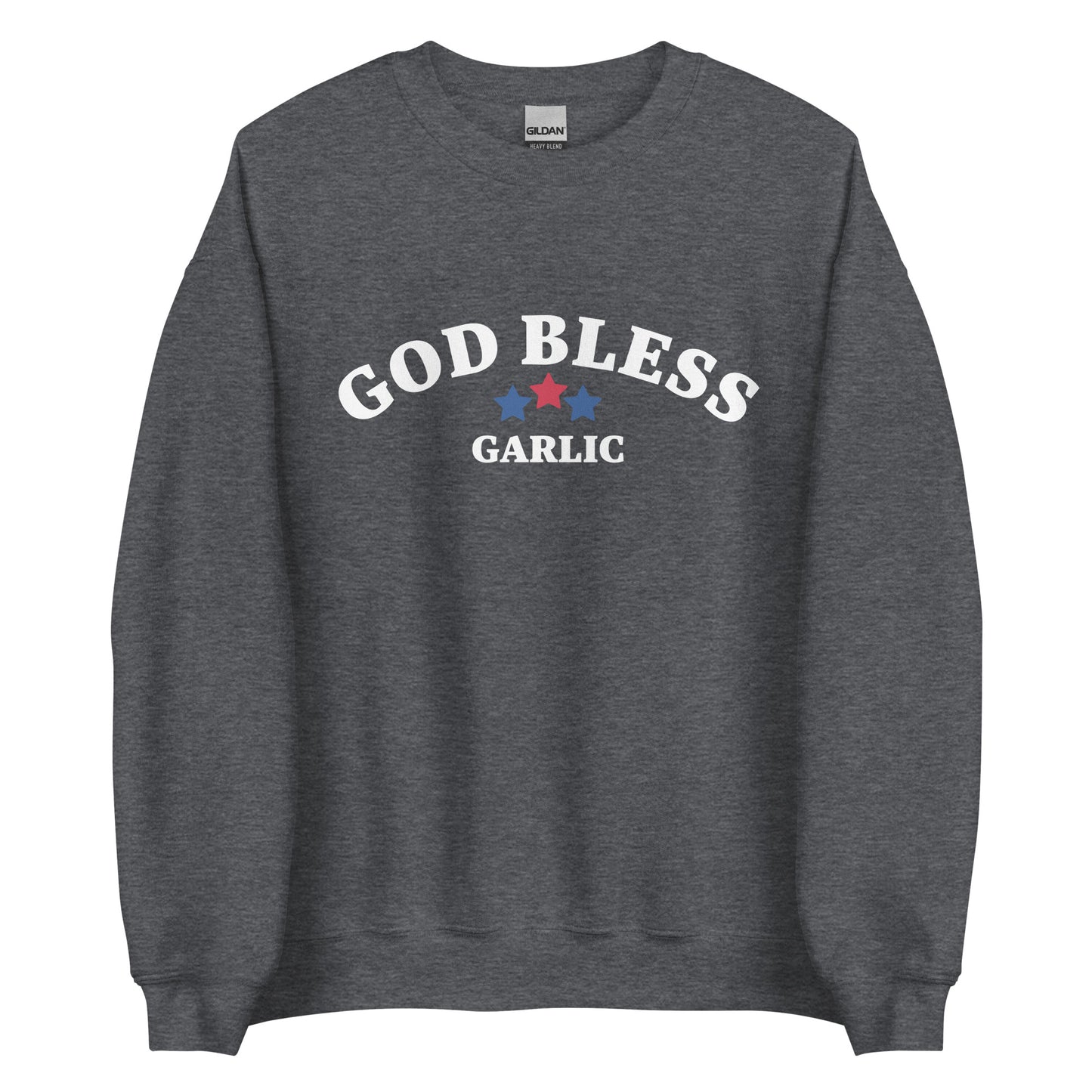 Gray god bless garlic sweatshirt for garlic lovers - This sarcastic foodie sweatshirt is made for garlic enthusiasts! It's a classic crew neck garlic lover sweatshirt with the words "God Bless Garlic" on the front. Designed for food lovers, this funny food sweatshirt is perfect for cozy nights, 4th of July BBQs, or a funny gift for garlic lovers and foodies of all kinds.