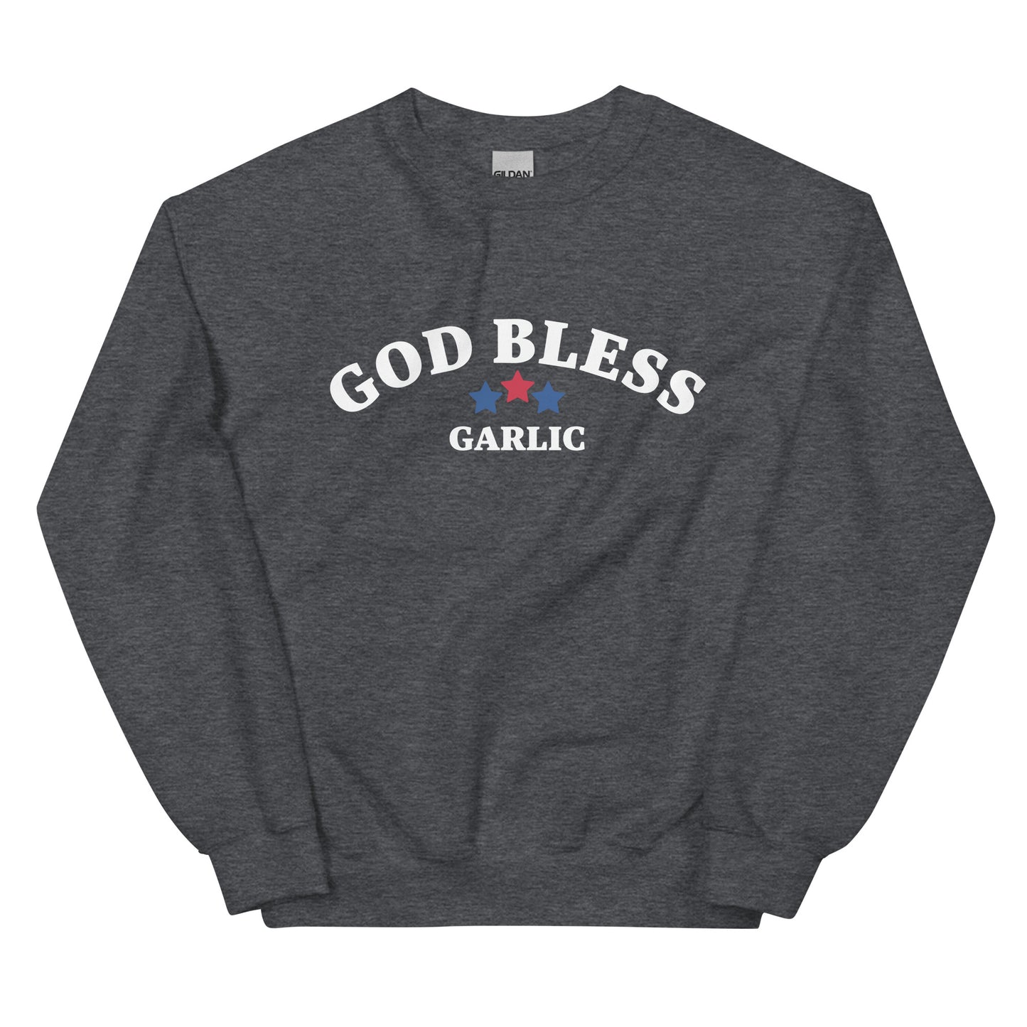 Gray garlic lover sweatshirt with red, white and blue "God Bless Garlic" design - This sarcastic foodie sweatshirt is made for garlic enthusiasts! It's a classic crew neck garlic lover sweatshirt with the words "God Bless Garlic" on the front. Designed for food lovers, this funny food sweatshirt is perfect for cozy nights, 4th of July BBQs, or a funny gift for garlic lovers and foodies of all kinds.