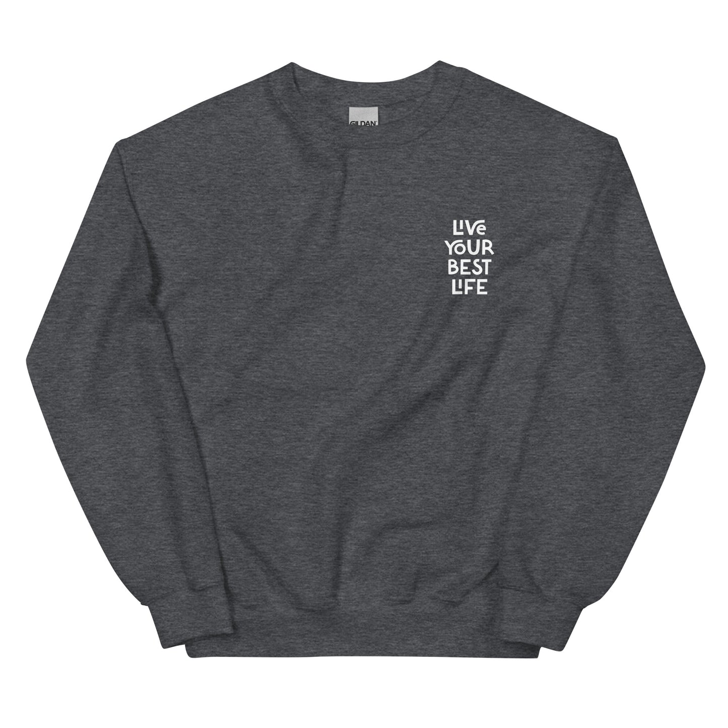 Dark heather gray live your best life sweatshirt from Nina's Funky Shop by ninanush - Hectic ✨ Live your best life in this unique and happy sweatshirt with a meaningful quote expertly printed on the front. It's a unisex, classic crew neck sweatshirt that spreads positivity in a variety of colors. Perfect for cozy nights or stand out streetwear, this sweatshirt is designed by Nina and made just for you.