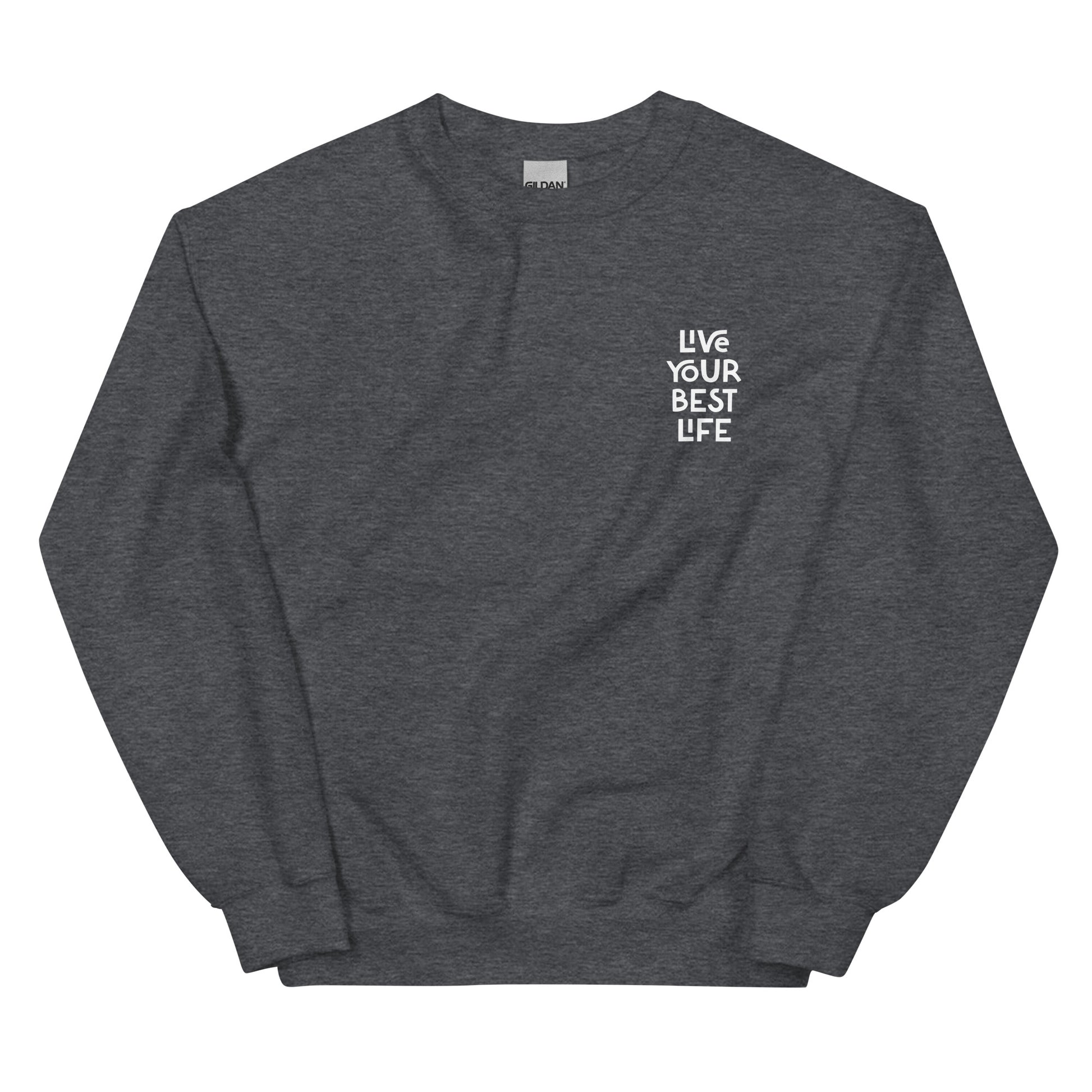 Dark heather gray live your best life sweatshirt from Nina's Funky Shop by ninanush - Hectic ✨ Live your best life in this unique and happy sweatshirt with a meaningful quote expertly printed on the front. It's a unisex, classic crew neck sweatshirt that spreads positivity in a variety of colors. Perfect for cozy nights or stand out streetwear, this sweatshirt is designed by Nina and made just for you.