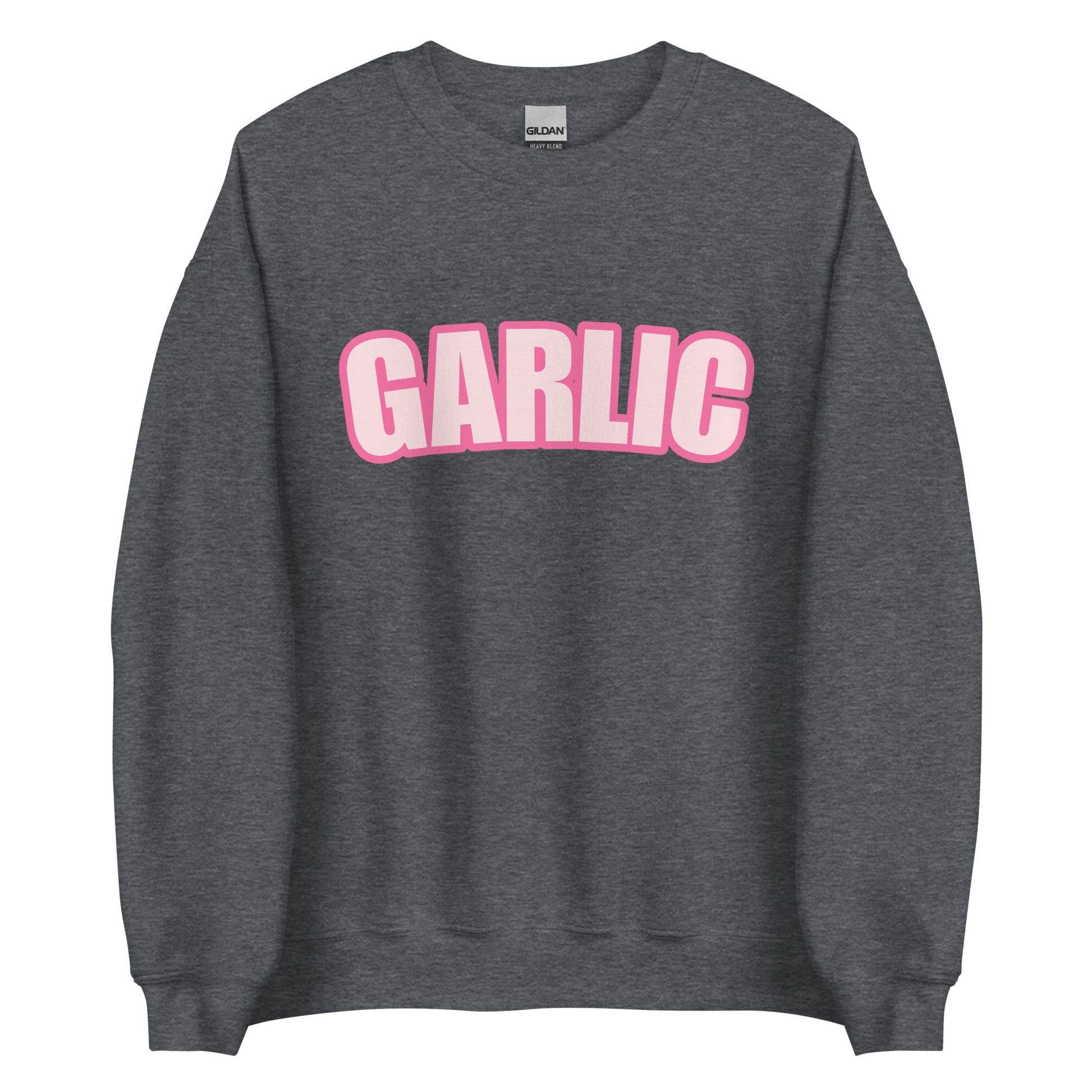 Dark Gray Garlic Sweatshirt from Nina's Funky Shop by ninanush - Our Pink Garlic Sweatshirt is a perfect funny foodie sweatshirt for garlic lovers. It's a unisex, crew neck sweatshirt with the word "Garlic", expertly printed on the front. Perfect for cozy nights in or stand out streetwear for foodies, this garlic enthusiast sweatshirt is designed by Nina and made just for you.