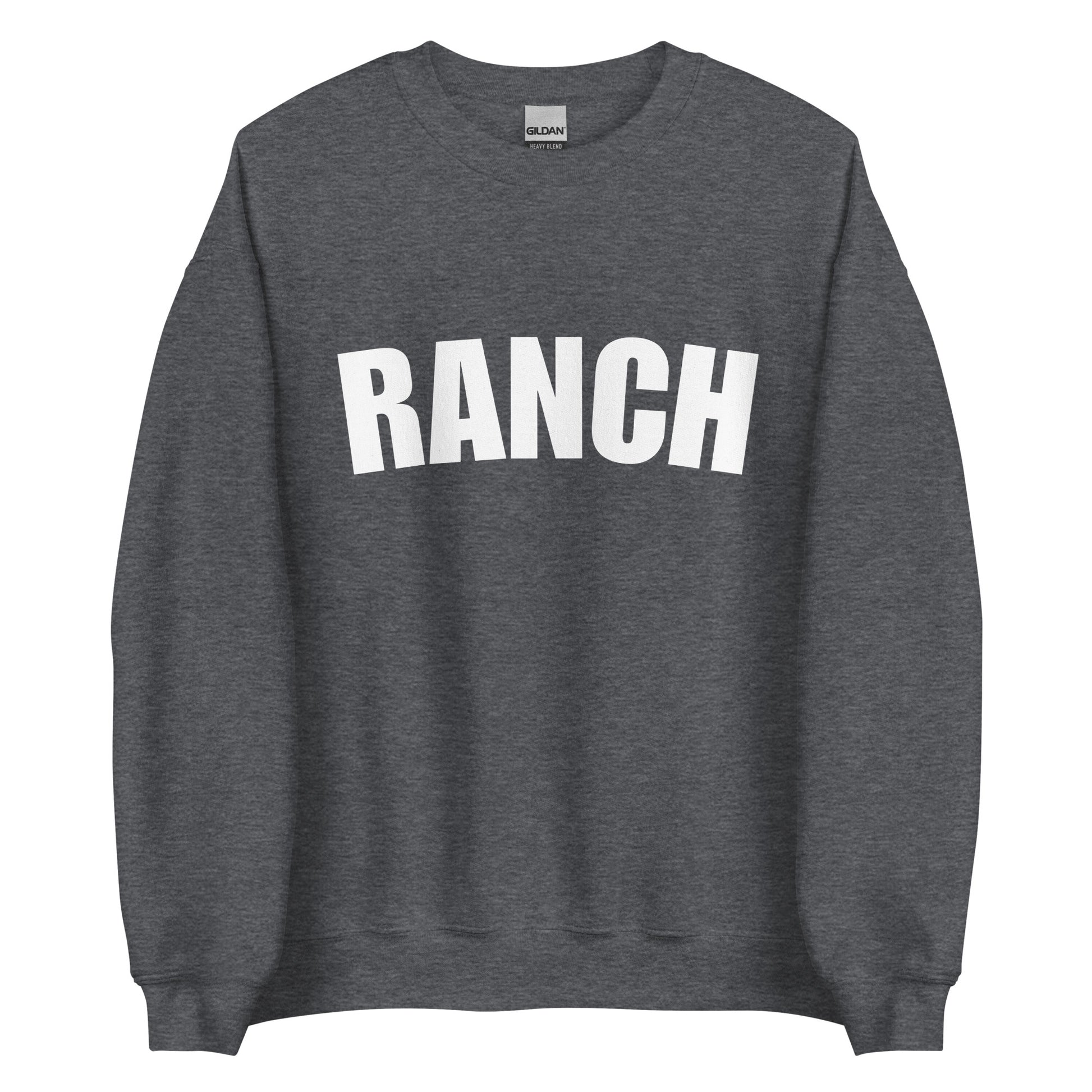 Dark Gray Ranch Sweatshirt from Nina's Funky Shop by ninanush - Do you love ranch?  This funny foodie sweatshirt for ranch lovers was made just for you. It's a unisex, crew neck sweatshirt with the word "Ranch", expertly printed on the front. Perfect for cozy nights in or colorful and bold stand out streetwear for foodies, this ranch enthusiast sweatshirt is  designed by Nina.