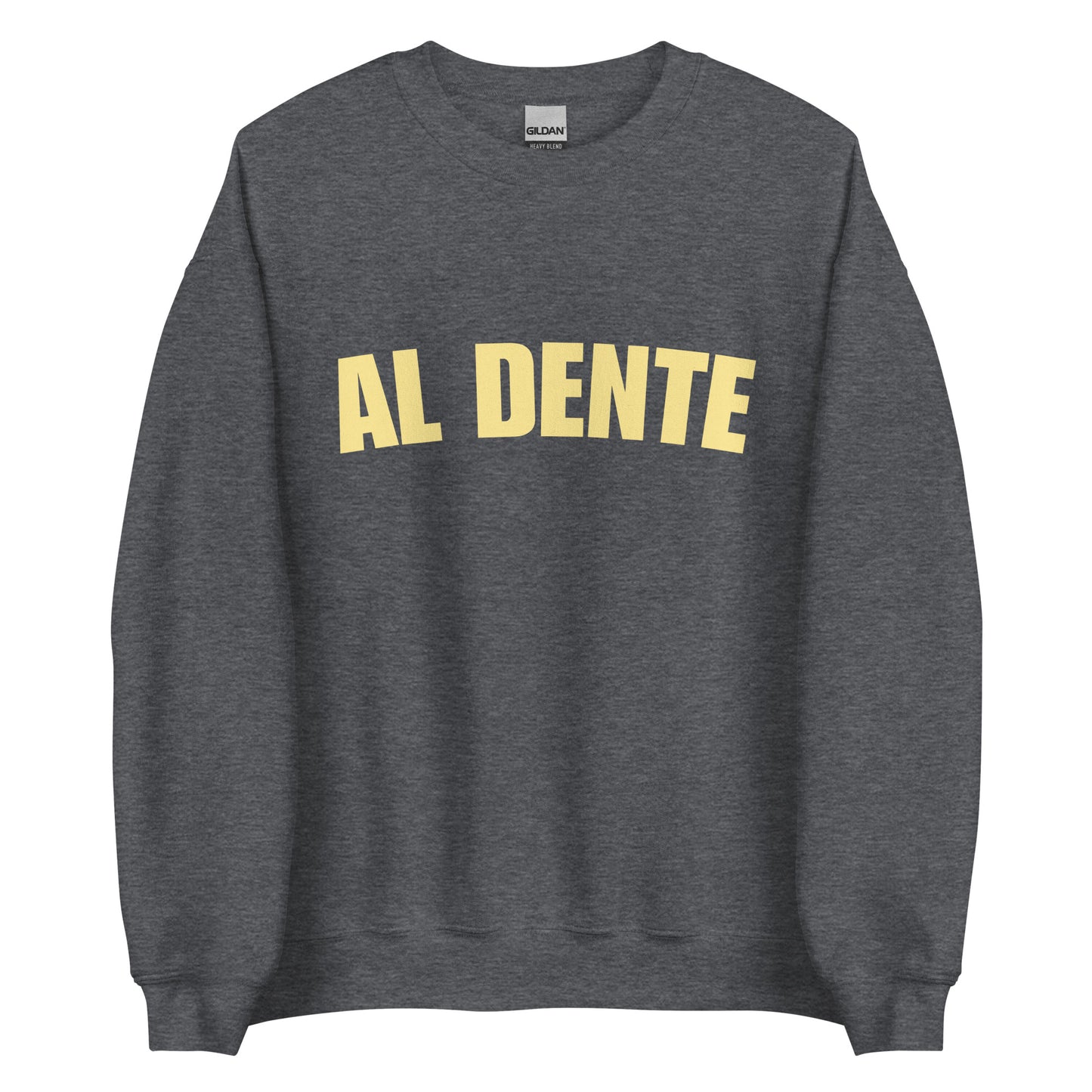 Dark Gray Al Dente Sweatshirt from Nina's Funky Shop by ninanush - Our Al Dente Sweatshirt is soft, comfortable and a funny Italian cooking sweatshirt for foodies. It's a unisex, crew neck sweatshirt that comes in a variety of colors with the "Al Dente", expertly printed on the front. Perfect for cozy nights in or stand out streetwear for foodies. An Al Dente sweatshirt, made just for you.