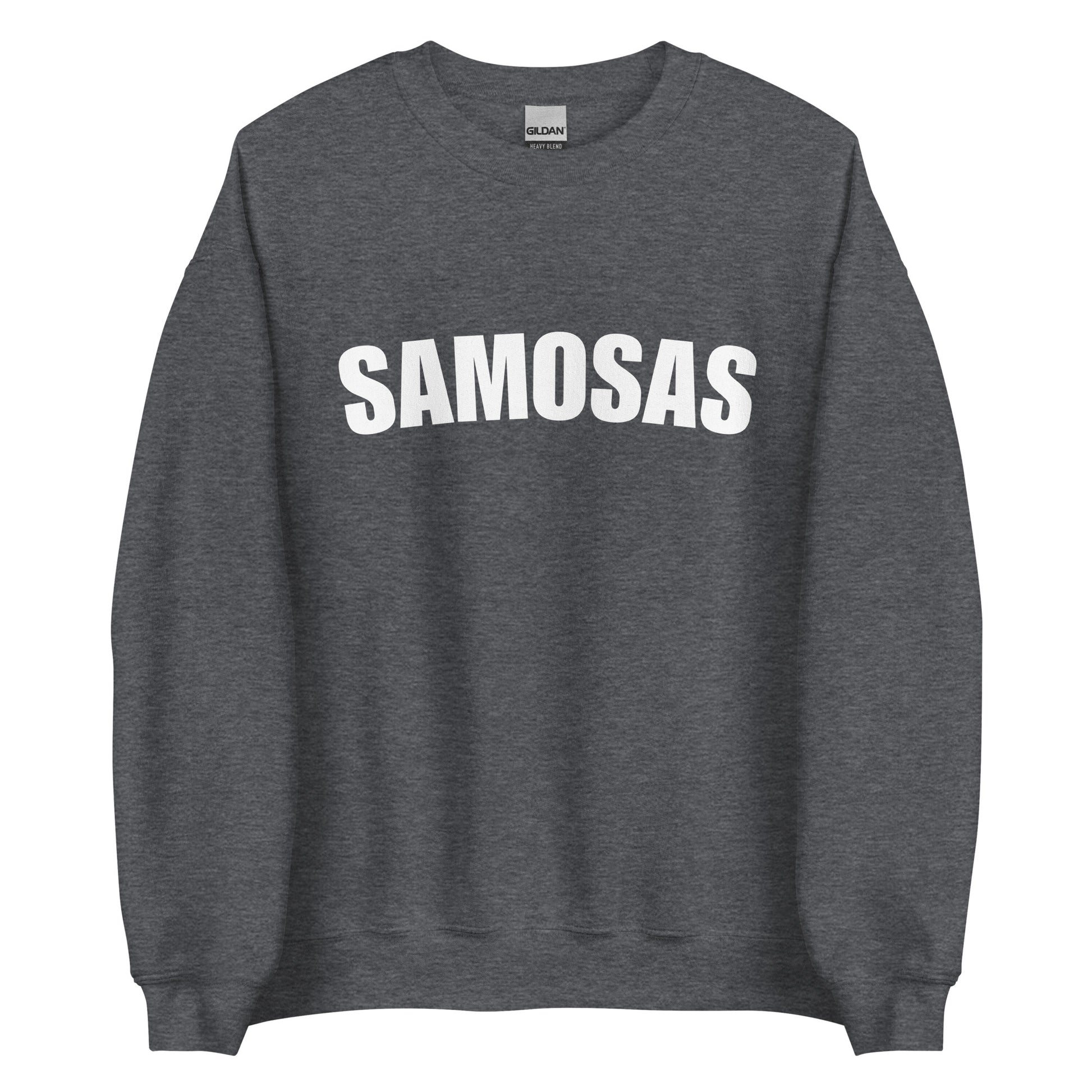 Dark gray Samosa Sweatshirt from Nina's Funky Shop by ninanush - Love samosas? Looking for a fun foodie gift? Our Samosa Sweatshirt is just what you need. Perfect for Indian cuisine lovers and foodies of all kinds, this sweatshirt has "Samosa", expertly printed on the front. A crewneck college-style foodie sweatshirt for Indian food enthusiasts and samosa lovers like you.