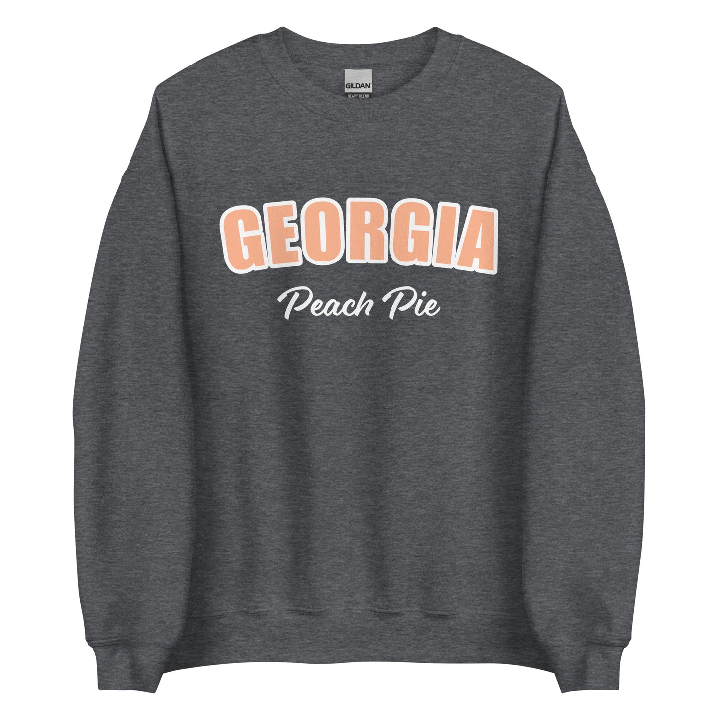 Dark Gray Georgia Peach Pie Sweatshirt from Nina's Funky Shop by ninanush - Do you love peach pie? Our Georgia Peach Pie Sweatshirt is just what you need. It's a funny foodie sweatshirt for peach pie lovers like you. This unisex, crew neck sweatshirt comes in a variety of colors with the words "Georgia Peach Pie", expertly printed on the front. The perfect Sweatshirt for peach pie enthusiasts.