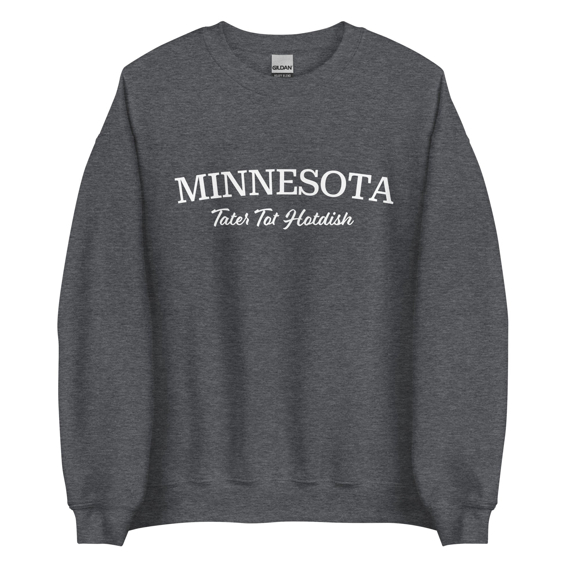 Gray Minnesota state food sweatshirt from Nina's Funky Shop by ninanush - Love Tater Tot Hotdish? Looking for a funny Minnesota gift? Introducing our Minnesota Tater Tot Hotdish Sweatshirt! It's a Midwestern foodie sweatshirt with "Minnesota" and the unofficial MN state food "Tater Tot Hotdish" on the front. Perfect for cozy nights in or a statement sweatshirt for tater tot hotdish lovers. 