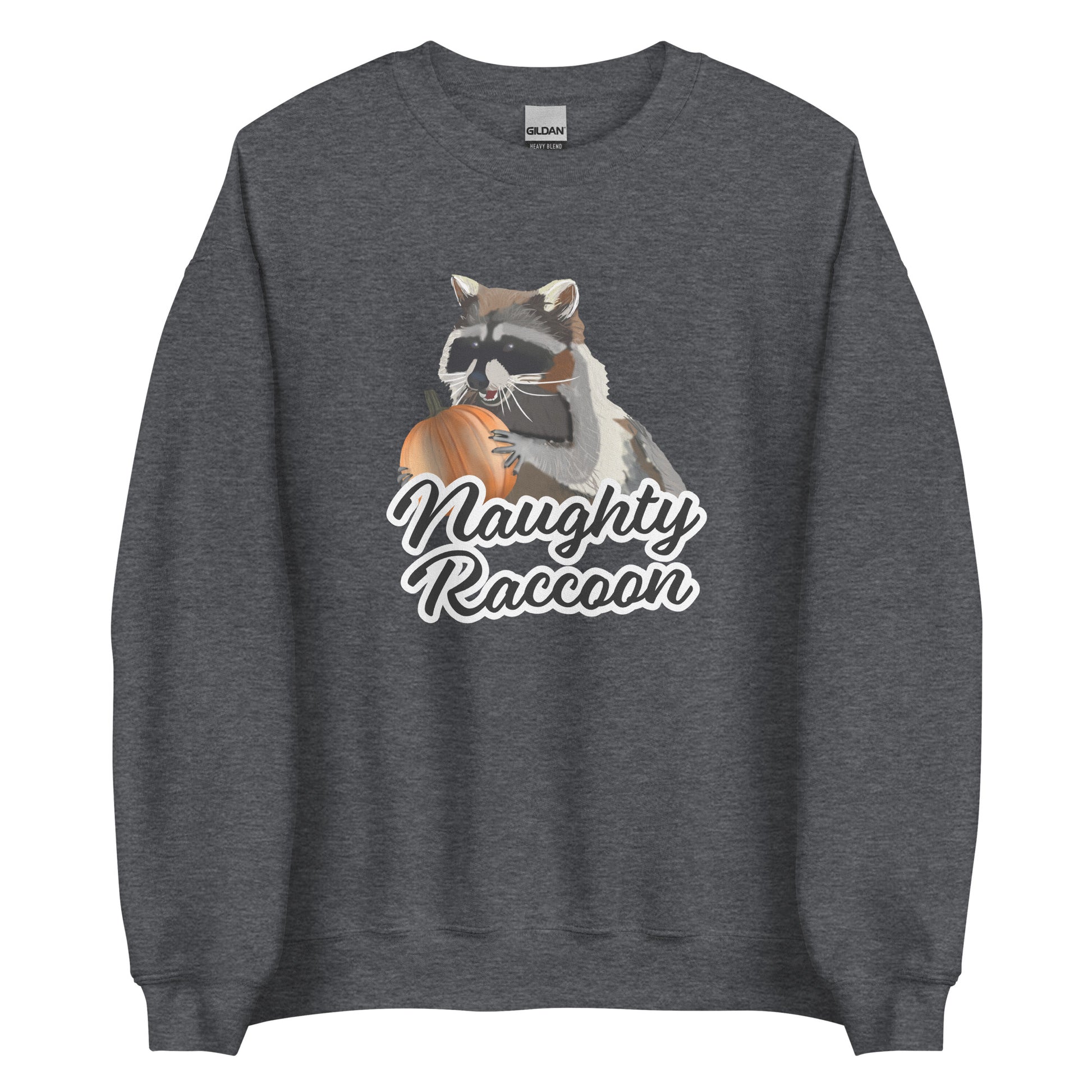 Dark Gray Naughty Raccoon Pumpkin Sweatshirt from Nina's Funky Shop by ninanush - Love raccoons? Looking for a fun raccoon lover gift? Our Naughty Raccoon Sweatshirt is soft, comfortable and just what you need. It's a unisex, crew neck sweatshirt with a raccoon holding a pumpkin and "Naughty Raccoon", expertly printed on the front. Stand out this spooky season in our funny Raccoon Sweatshirts.