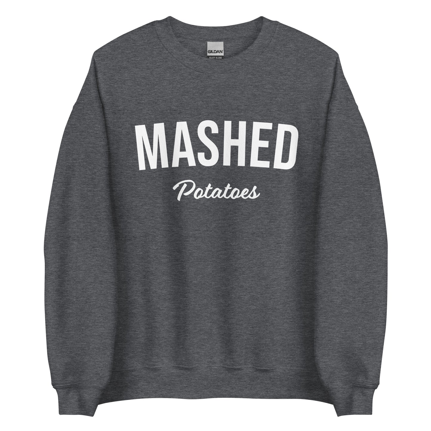 Dark Gray Mashed Potatoes Sweatshirt from Nina's Funky Shop by ninanush - Do you love mashed potatoes? Looking for a fun potato lover gift? Our Mashed Potatoes Sweatshirt is just what you need. It's a unisex, varsity crew neck sweatshirt that comes in a variety of colors with "Mashed Potatoes" on the front. This mashed potato enthusiast sweatshirt is perfect funky streetwear for foodies.