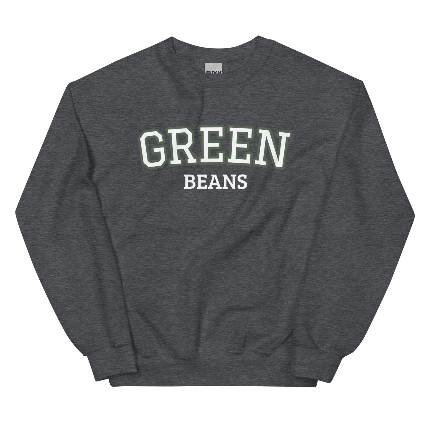 Dark Gray Green Beans Sweatshirt from Nina's Funky Shop by ninanush - Love green beans? Looking for a funny food gift? Our Green Beans Sweatshirt is just what you need. It's a unisex, varsity crew neck sweatshirt with "Green Beans" on the front. A perfect funny foodie sweatshirt for cozy nights in or funky streetwear, this veggie enthusiast sweatshirt is designed by Nina, just for you.